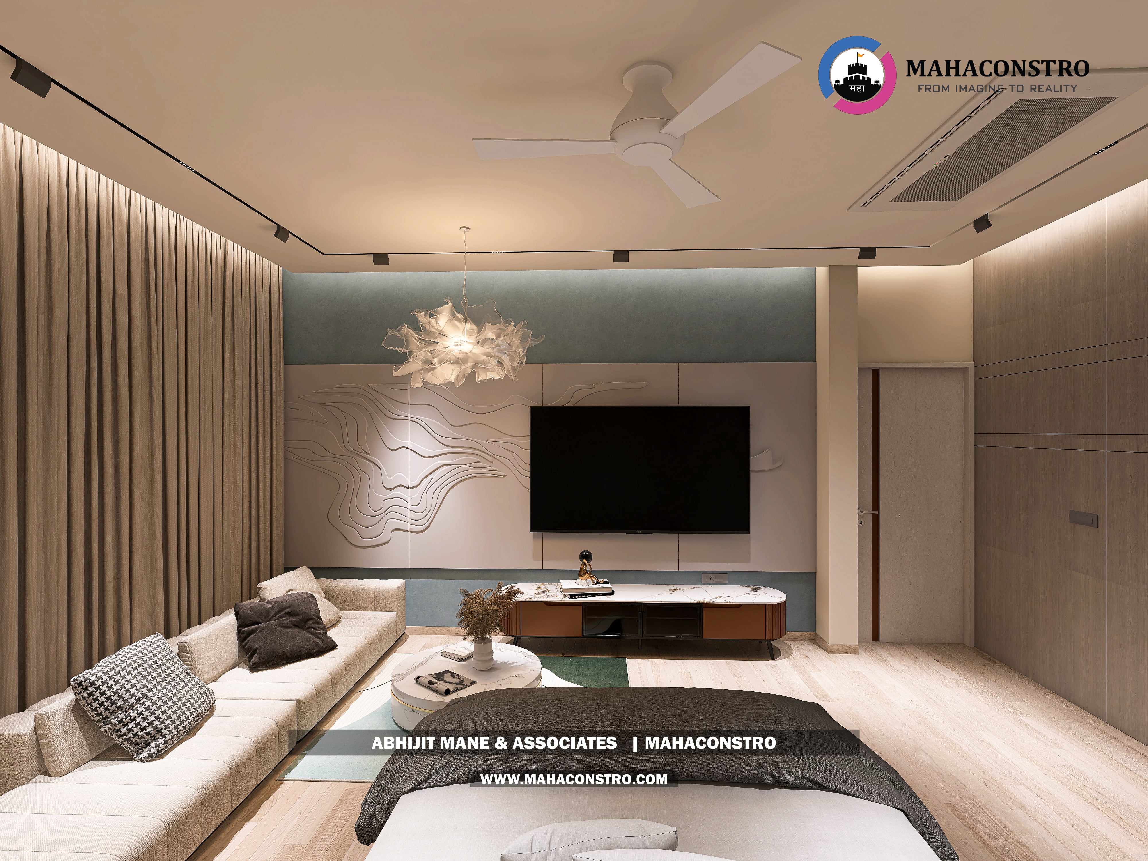 Ultra-luxury bungalow lounge in Parite, Solapur, featuring designer seating, a decorative water feature, and statement ceiling lighting by Mahaconstro Architects.