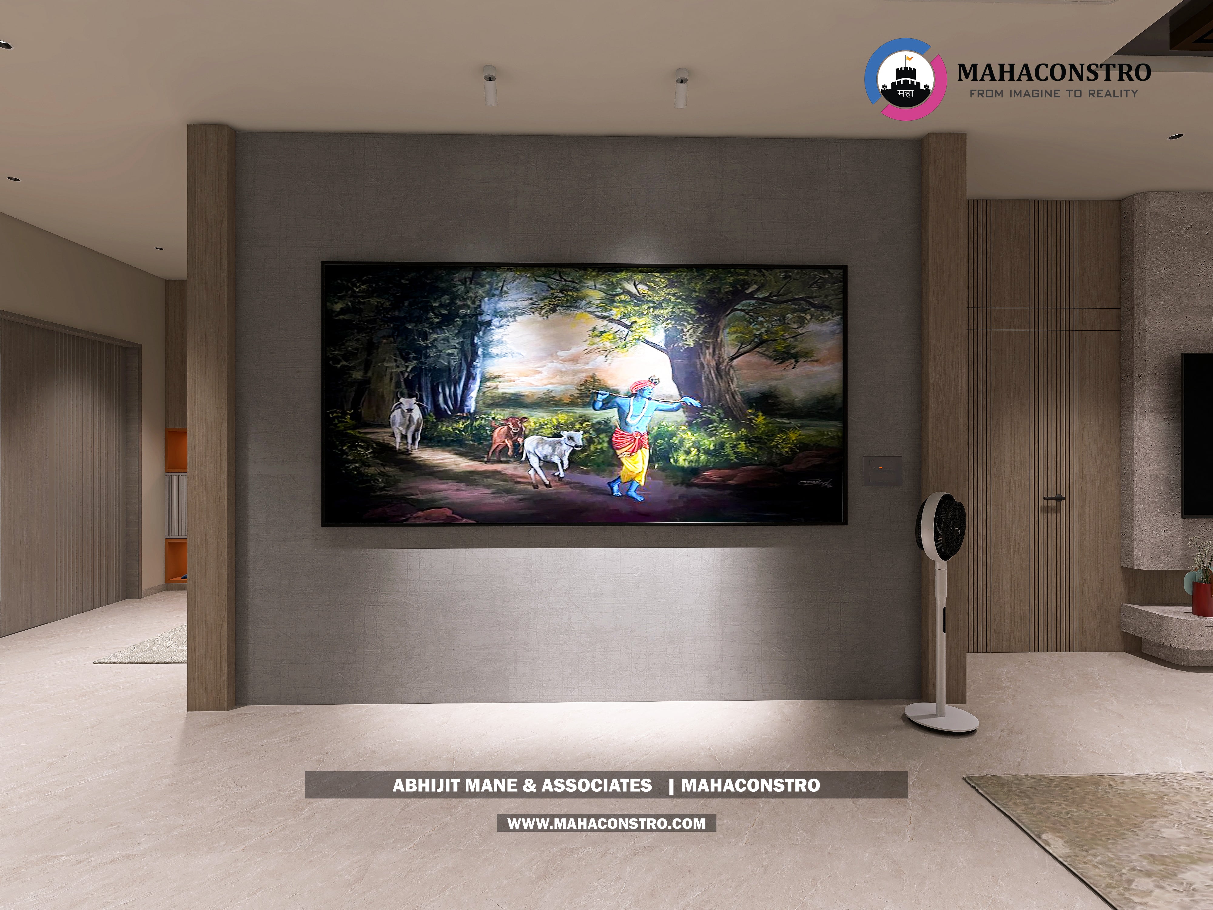Ultra-luxury bungalow lounge in Parite, Solapur, featuring designer seating, a decorative water feature, and statement ceiling lighting by Mahaconstro Architects.