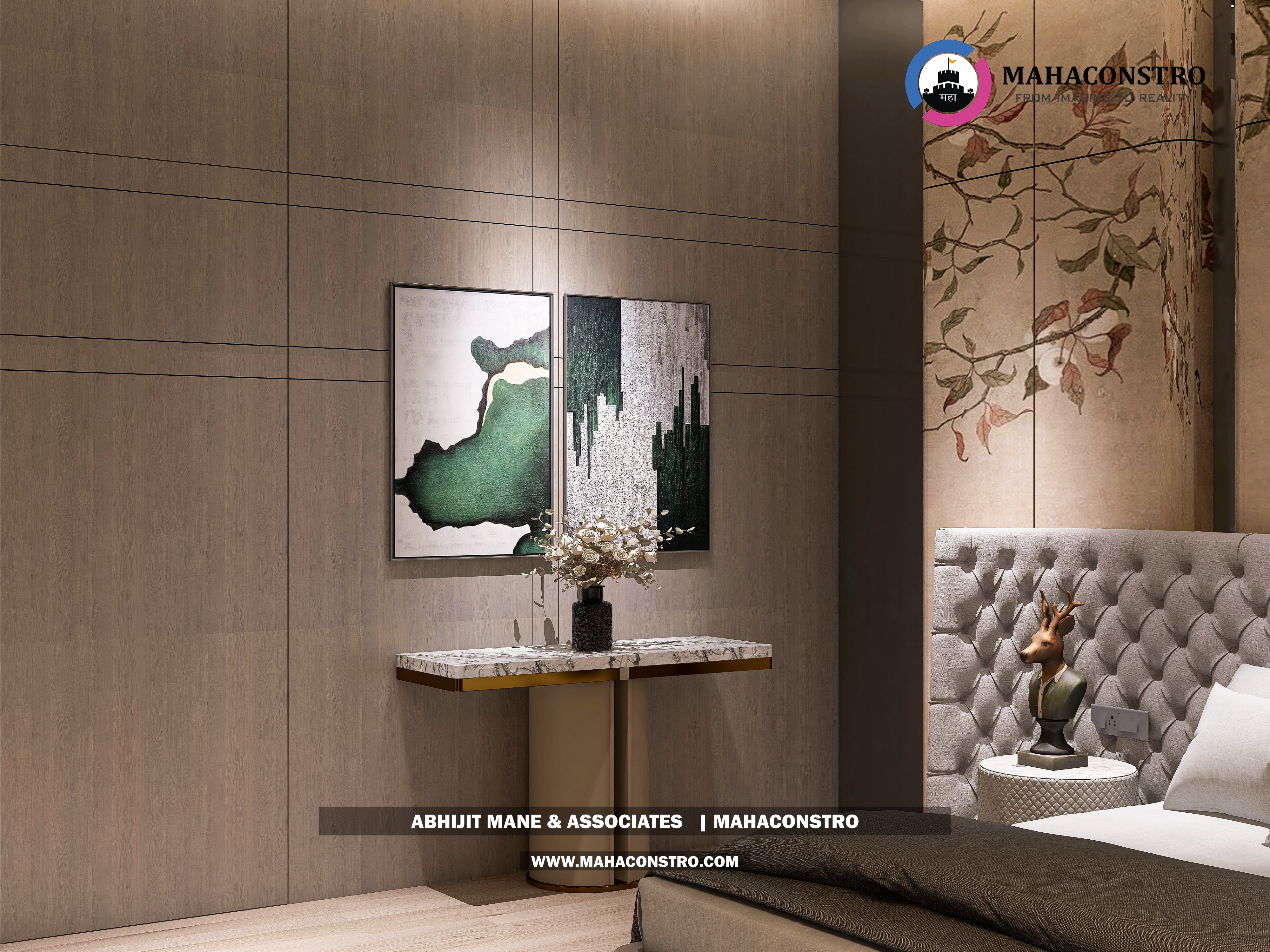 Ultra-luxury bungalow lounge in Parite, Solapur, featuring designer seating, a decorative water feature, and statement ceiling lighting by Mahaconstro Architects.