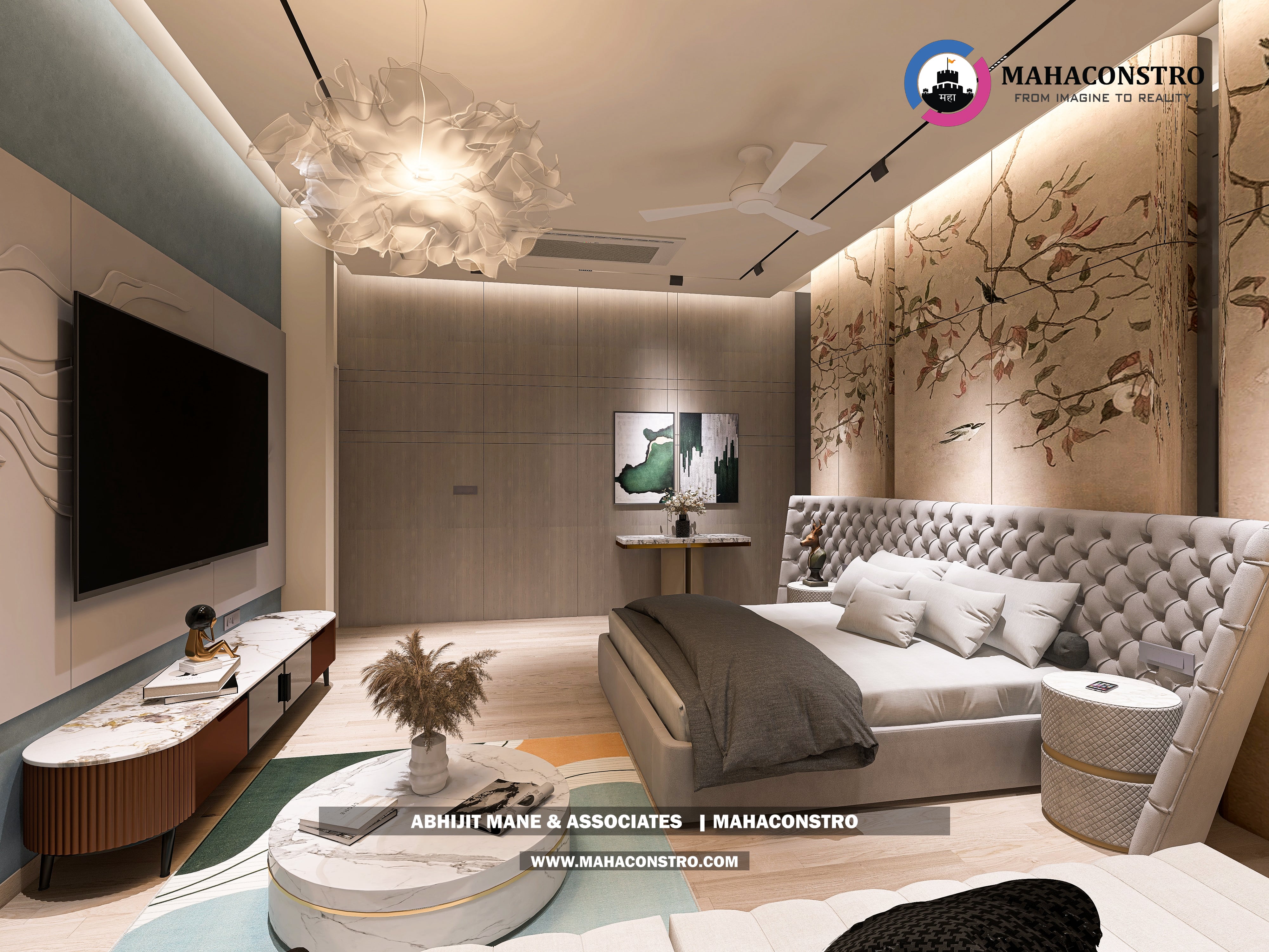 Ultra-luxury bungalow lounge in Parite, Solapur, featuring designer seating, a decorative water feature, and statement ceiling lighting by Mahaconstro Architects.