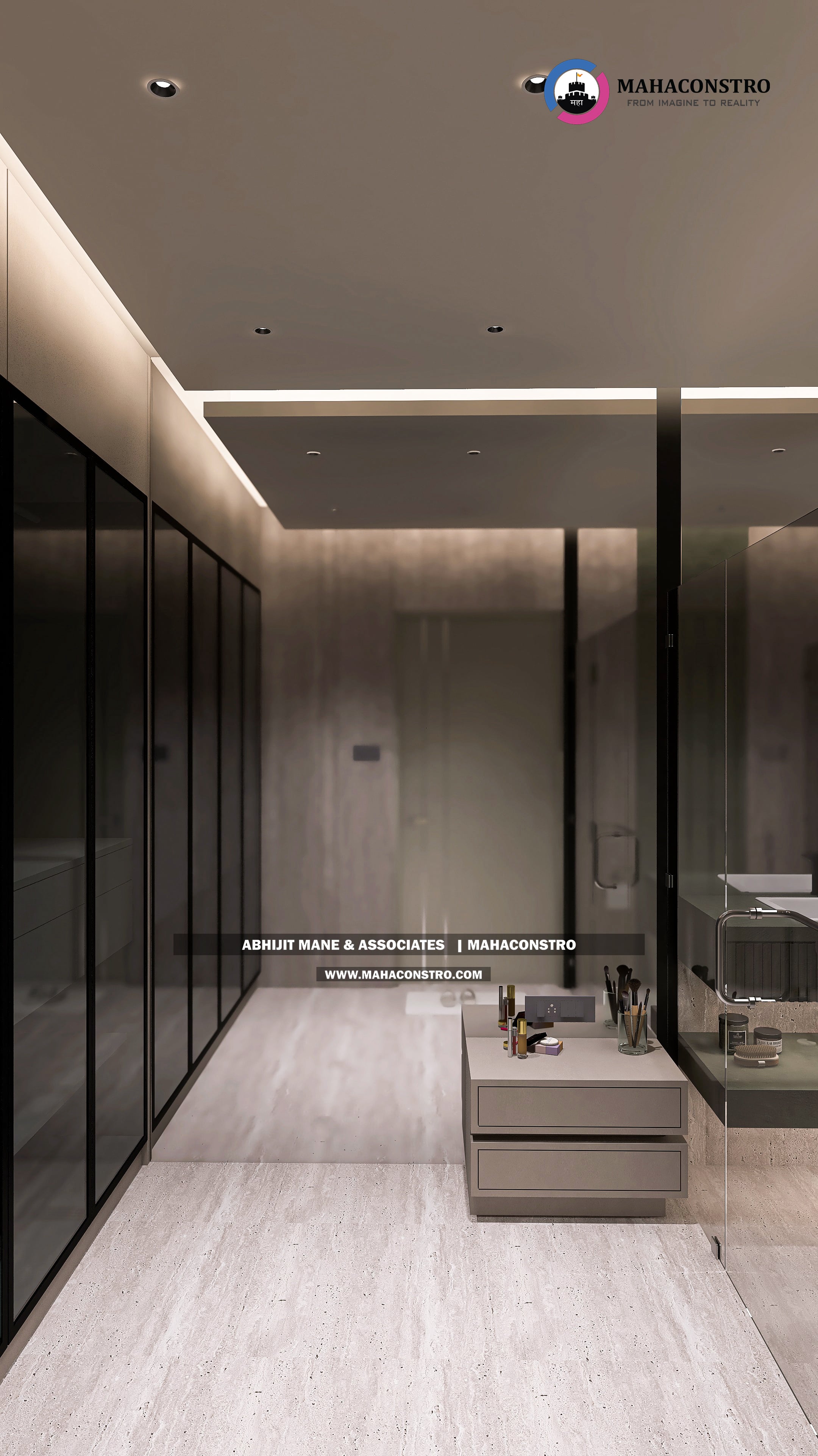 Ultra-luxury bungalow lounge in Parite, Solapur, featuring designer seating, a decorative water feature, and statement ceiling lighting by Mahaconstro Architects.