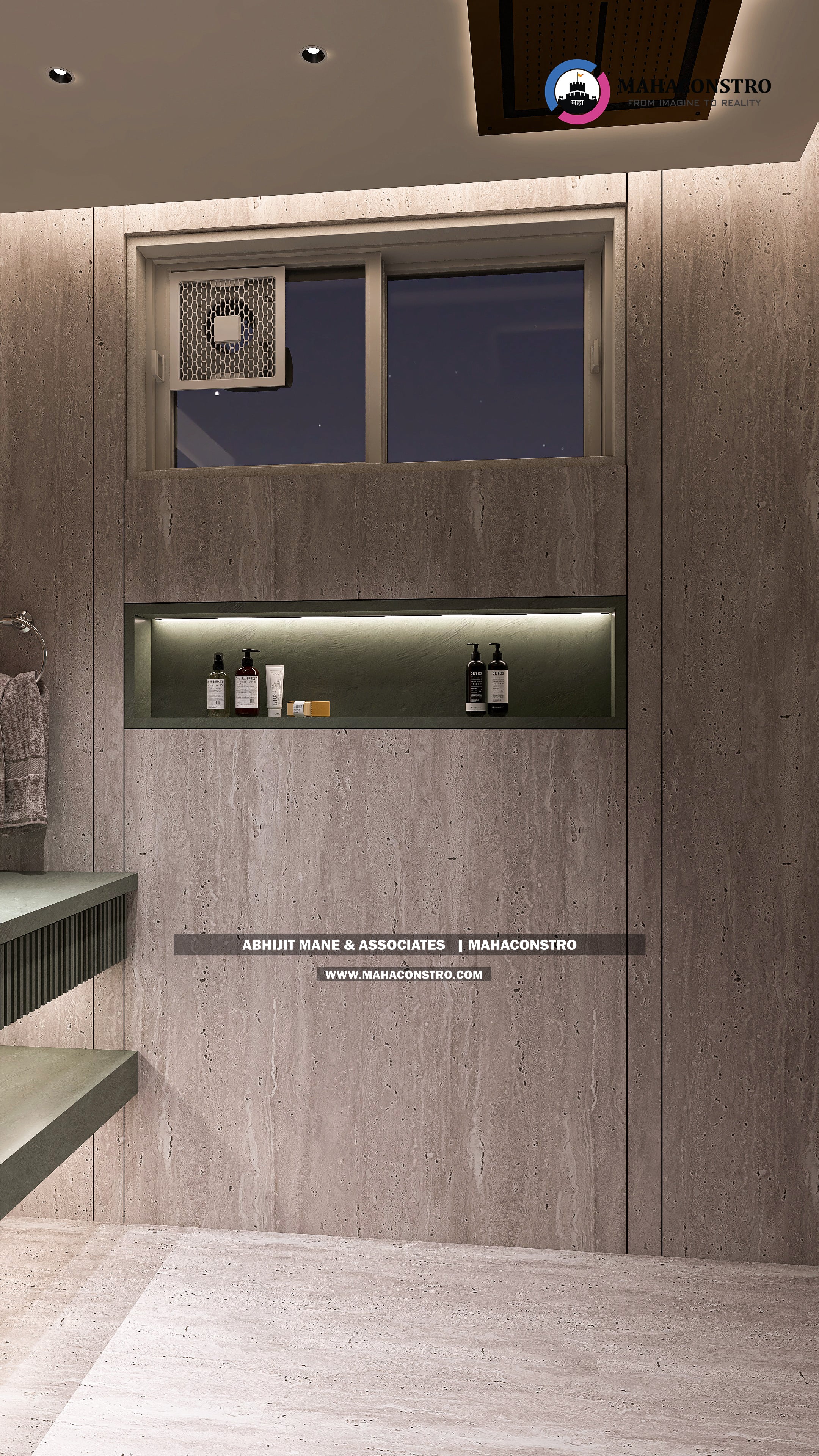Ultra-luxury bungalow lounge in Parite, Solapur, featuring designer seating, a decorative water feature, and statement ceiling lighting by Mahaconstro Architects.