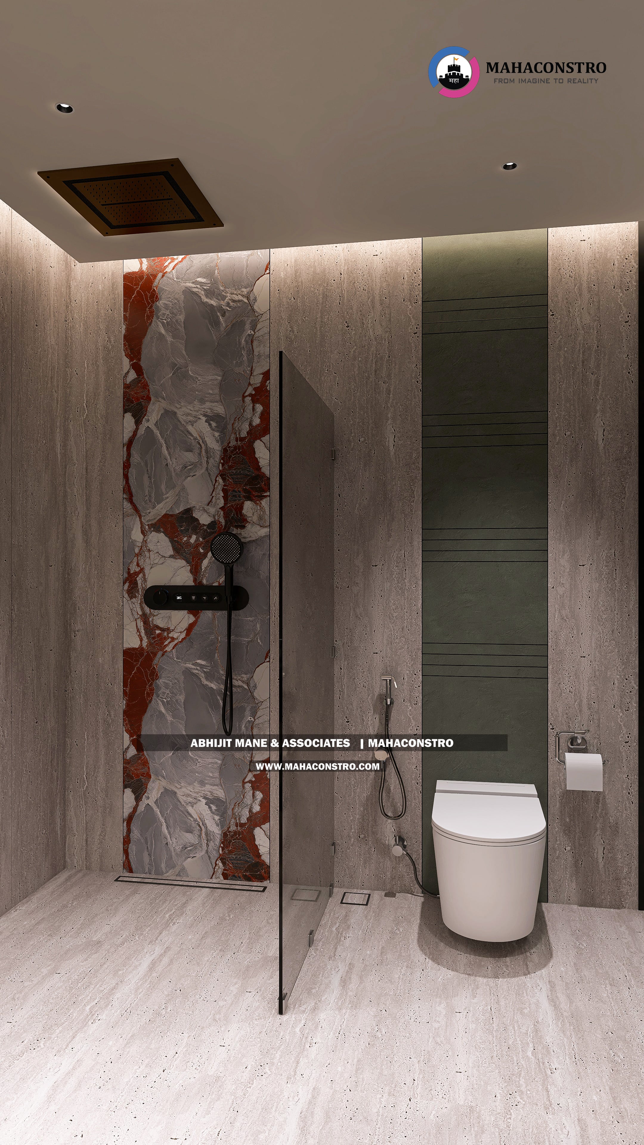 Ultra-luxury bungalow lounge in Parite, Solapur, featuring designer seating, a decorative water feature, and statement ceiling lighting by Mahaconstro Architects.