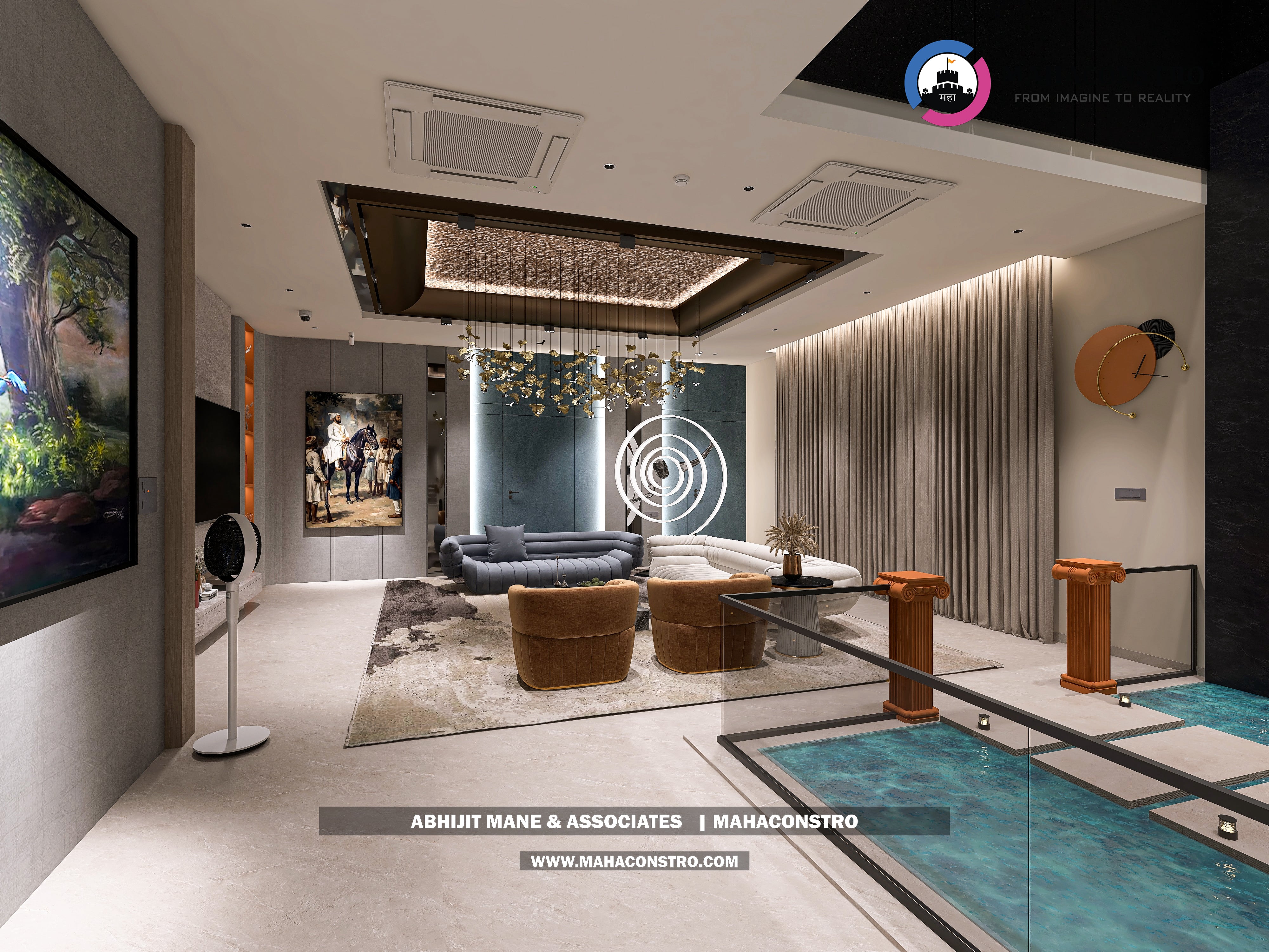 Ultra-luxury bungalow lounge in Parite, Solapur, featuring designer seating, a decorative water feature, and statement ceiling lighting by Mahaconstro Architects.