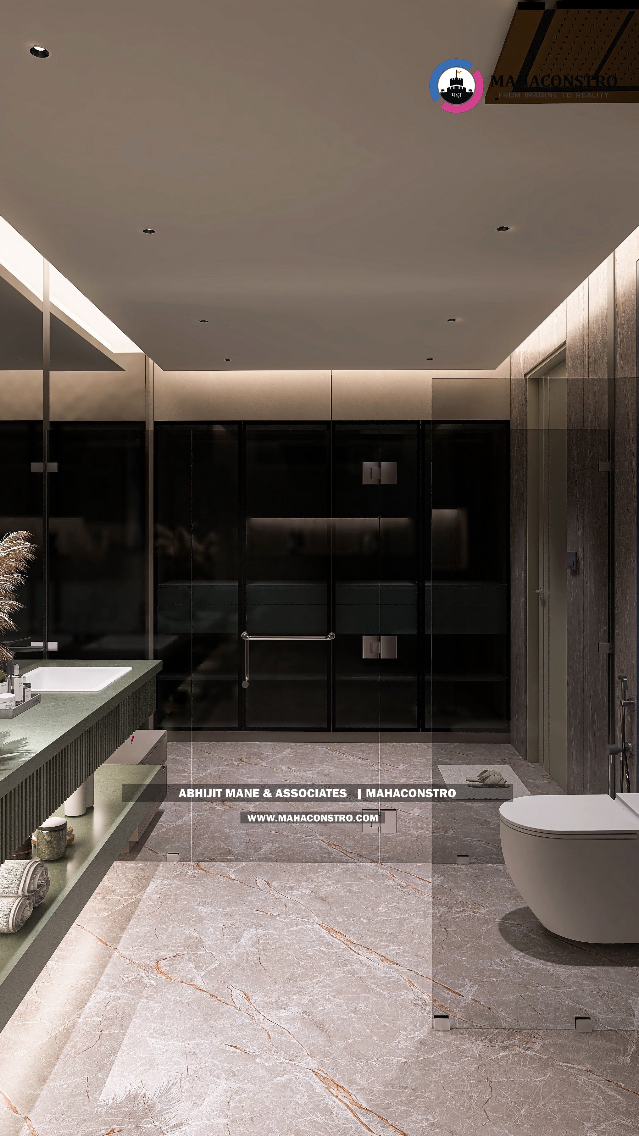 Ultra-luxury bungalow lounge in Parite, Solapur, featuring designer seating, a decorative water feature, and statement ceiling lighting by Mahaconstro Architects.