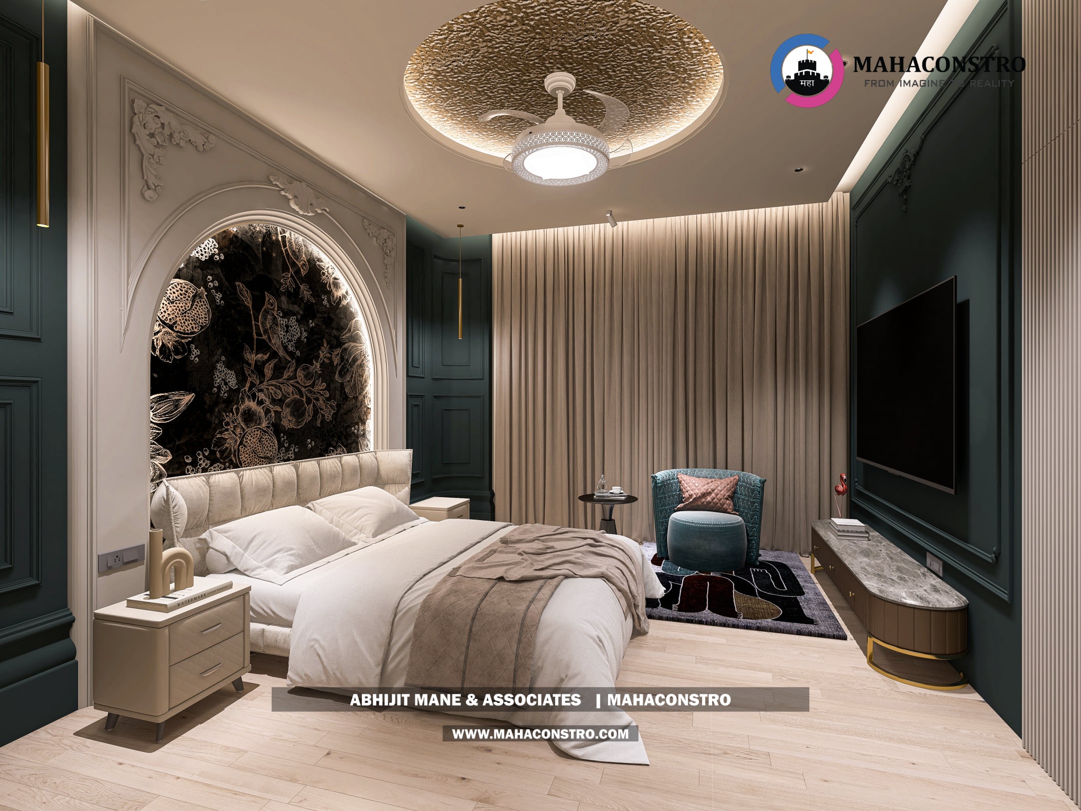 Ultra-luxury bungalow lounge in Parite, Solapur, featuring designer seating, a decorative water feature, and statement ceiling lighting by Mahaconstro Architects.