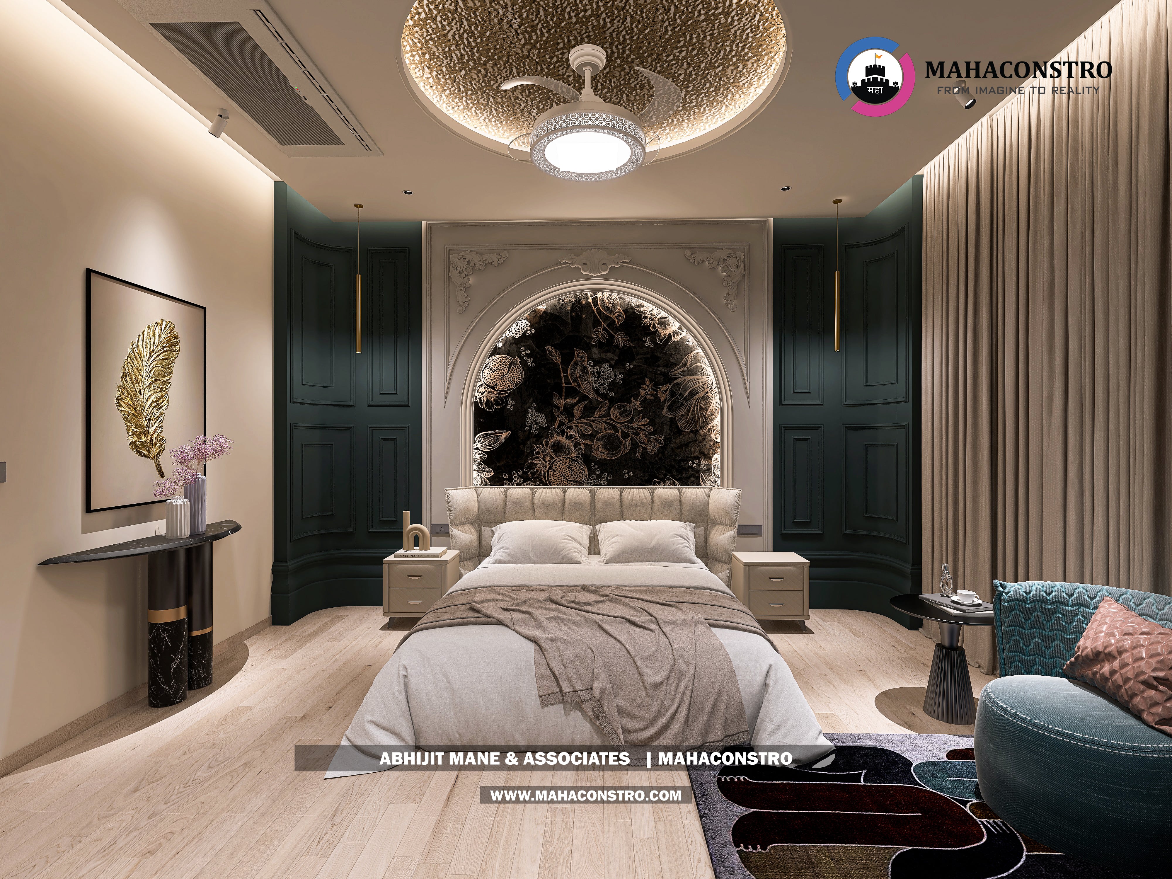 Ultra-luxury bungalow lounge in Parite, Solapur, featuring designer seating, a decorative water feature, and statement ceiling lighting by Mahaconstro Architects.