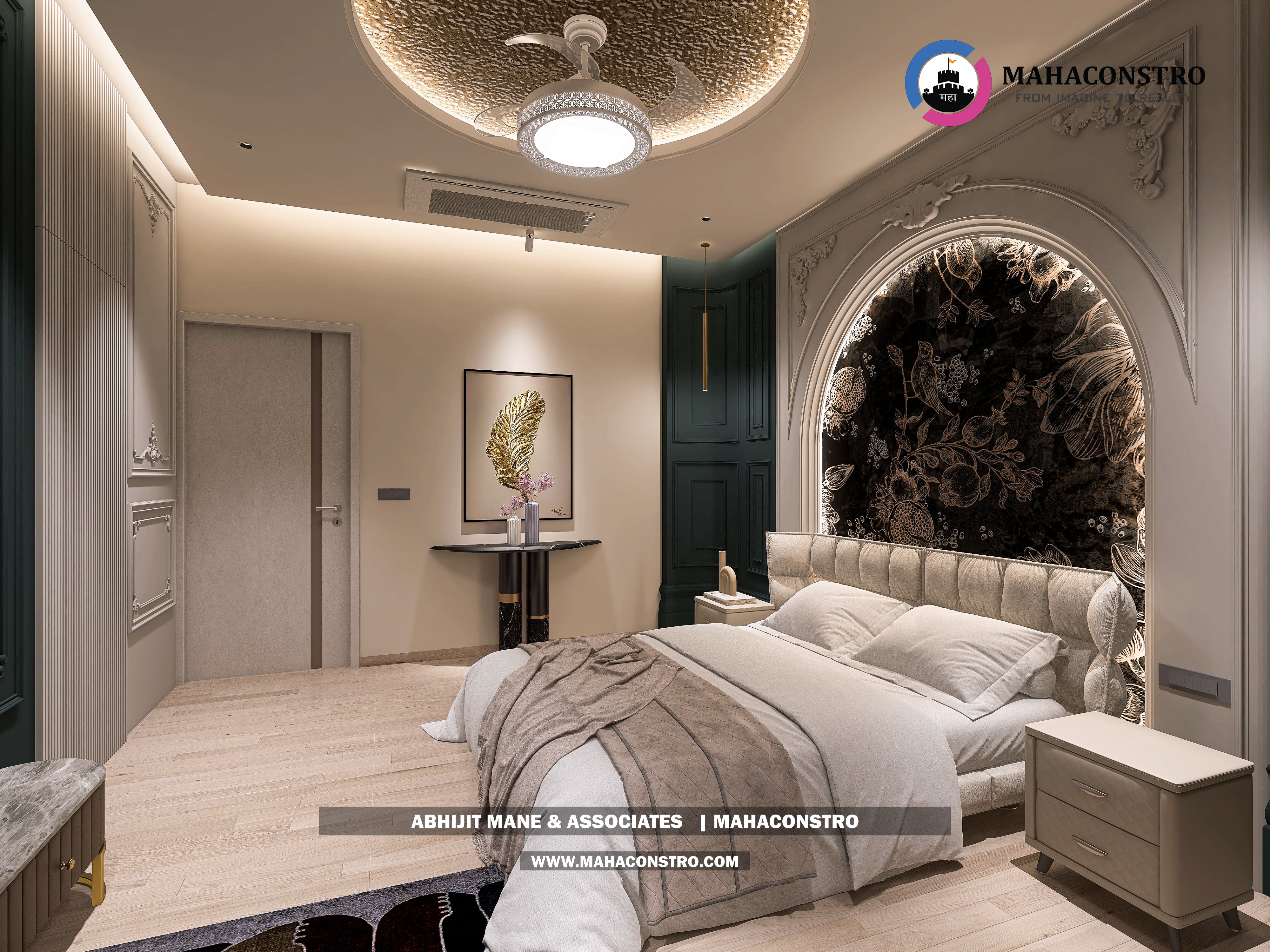 Ultra-luxury bungalow lounge in Parite, Solapur, featuring designer seating, a decorative water feature, and statement ceiling lighting by Mahaconstro Architects.