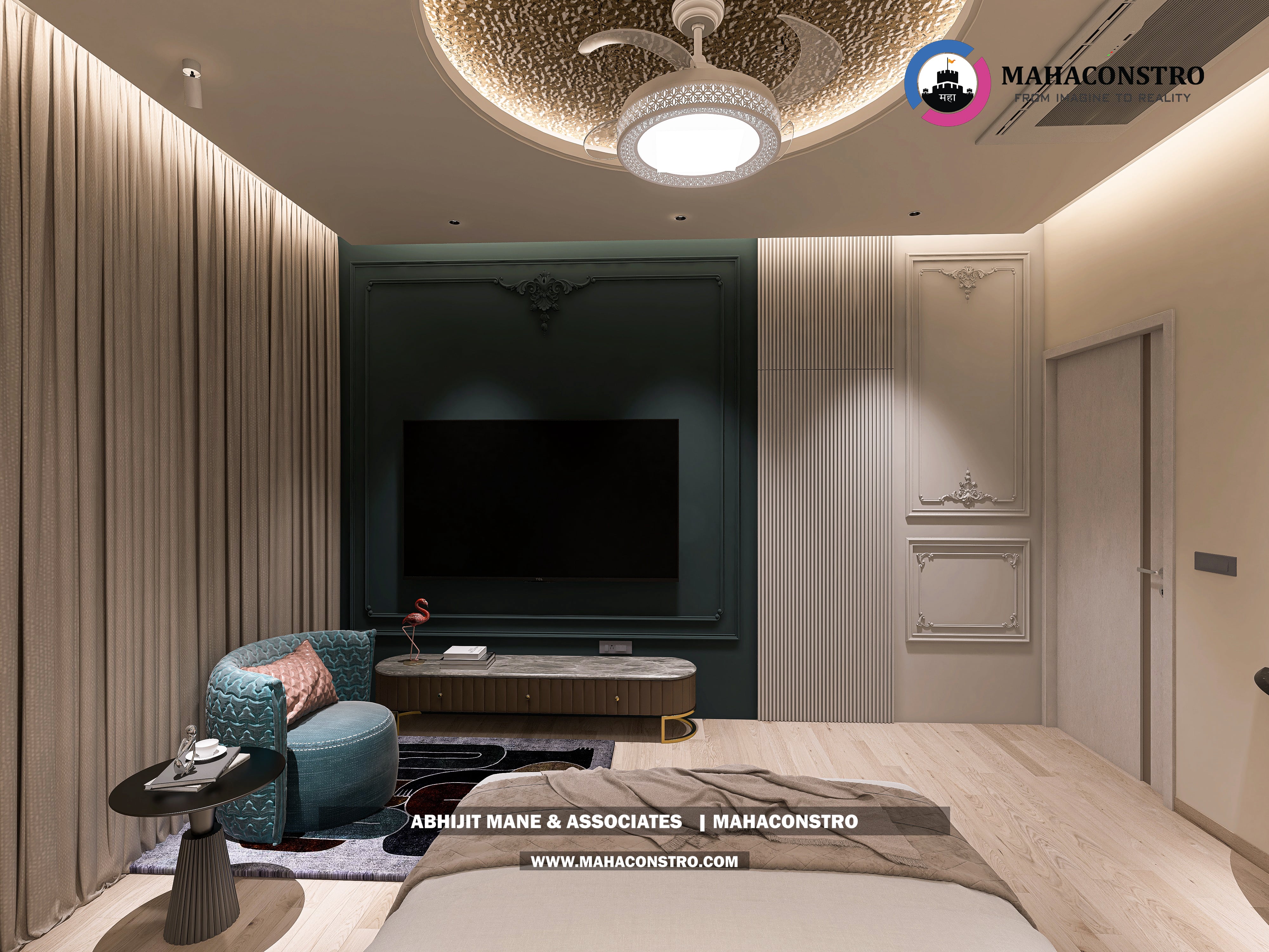 Ultra-luxury bungalow lounge in Parite, Solapur, featuring designer seating, a decorative water feature, and statement ceiling lighting by Mahaconstro Architects.