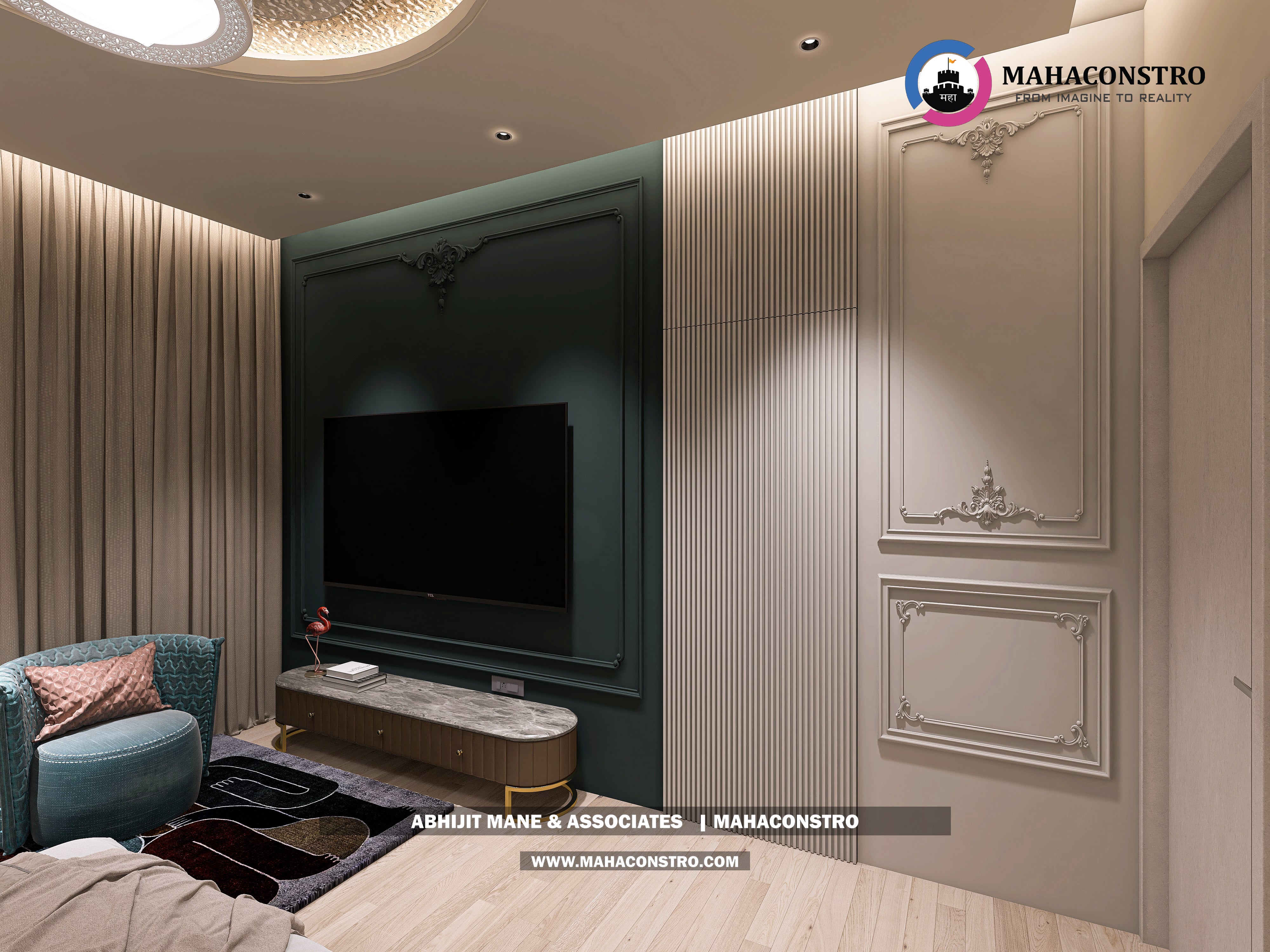 Ultra-luxury bungalow lounge in Parite, Solapur, featuring designer seating, a decorative water feature, and statement ceiling lighting by Mahaconstro Architects.