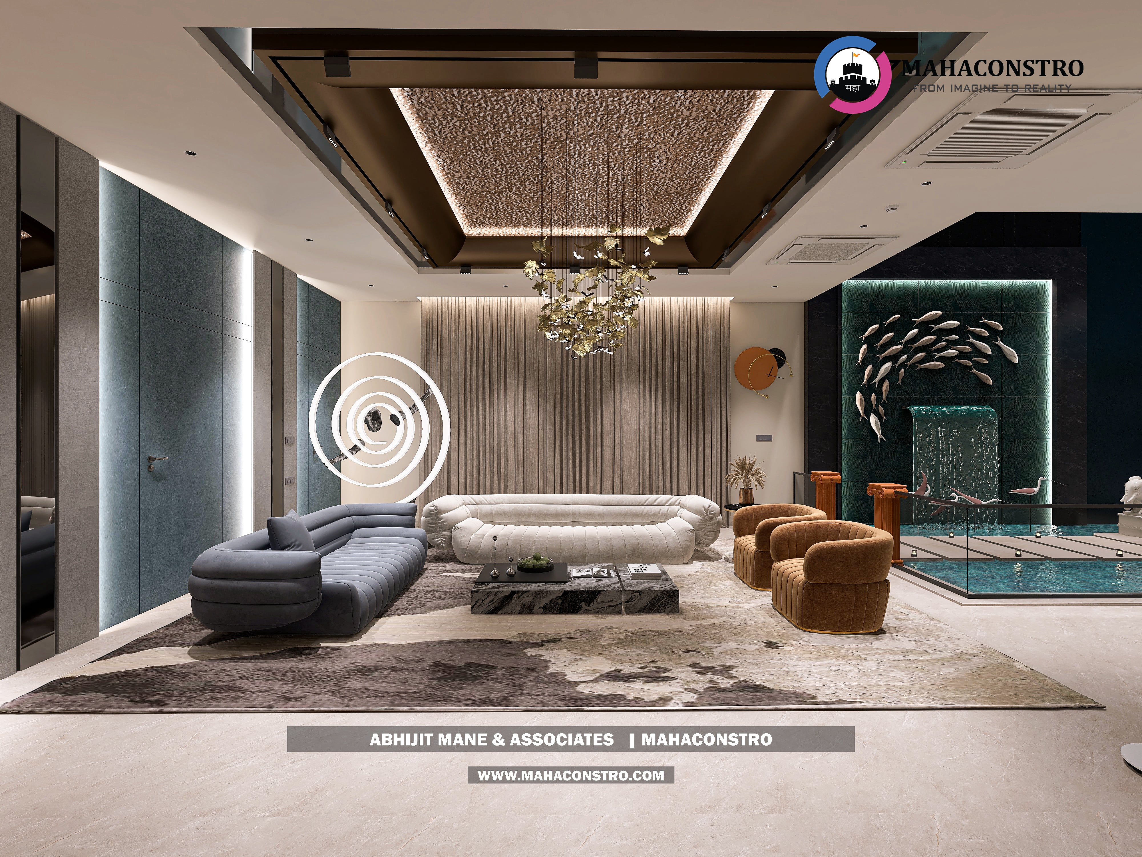 Ultra-luxury bungalow lounge in Parite, Solapur, featuring designer seating, a decorative water feature, and statement ceiling lighting by Mahaconstro Architects.