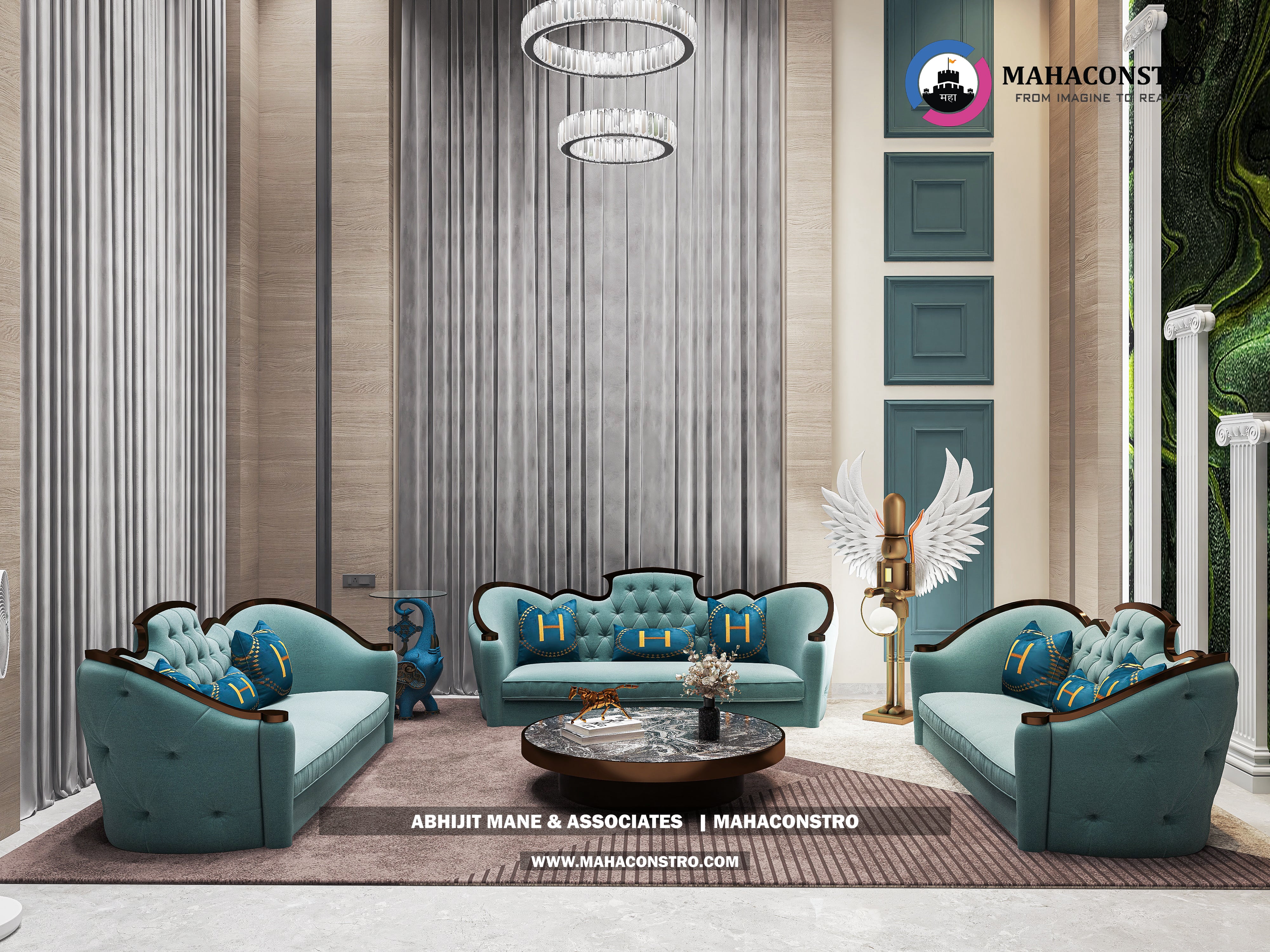 Ultra-luxury bungalow living room in Bhimanagar, Solapur, featuring a double-height space, teal sofas, and a custom television wall by Mahaconstro Architects