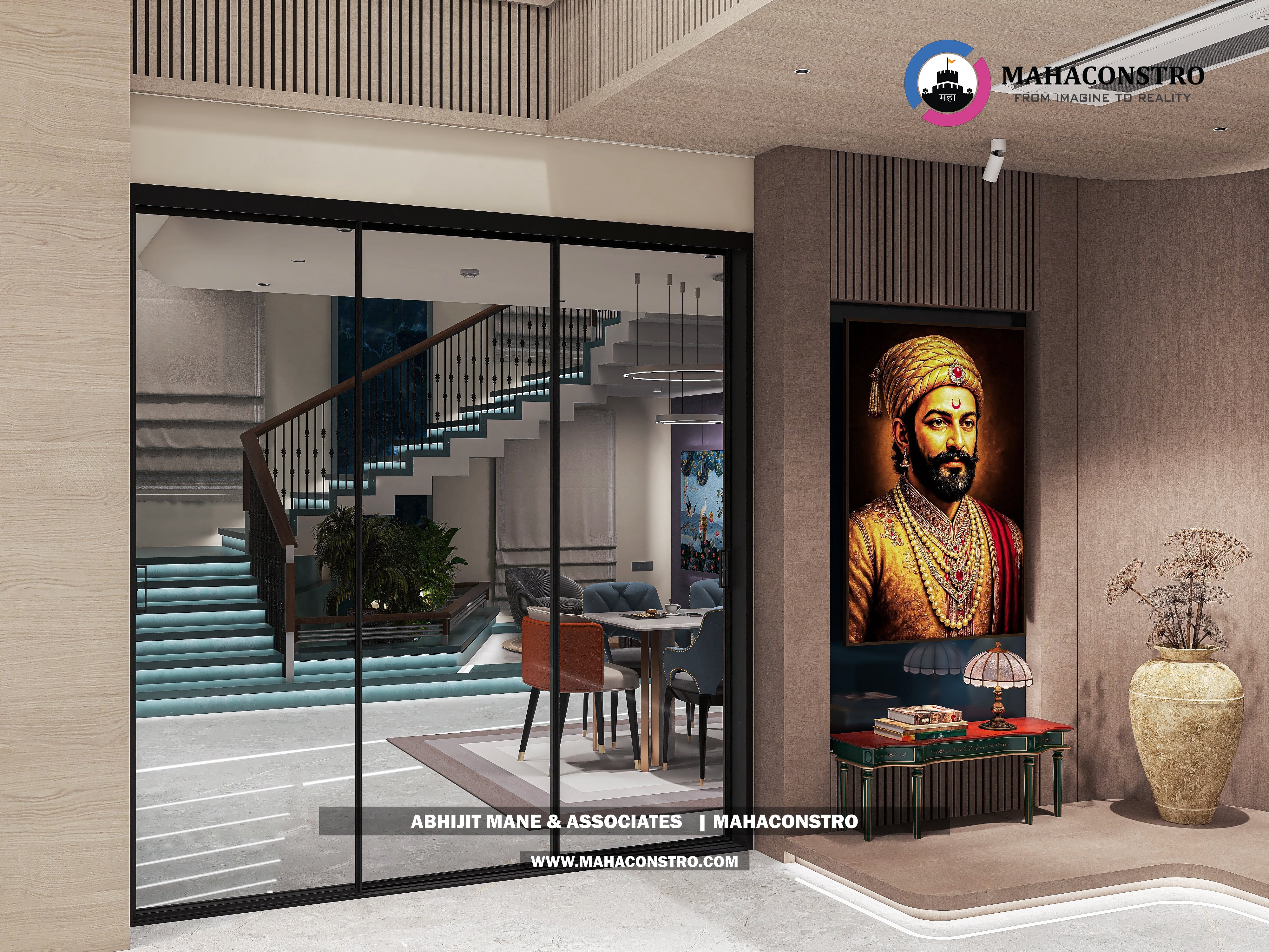 Ultra-luxury bungalow living room in Bhimanagar, Solapur, featuring a double-height space, teal sofas, and a custom television wall by Mahaconstro Architects