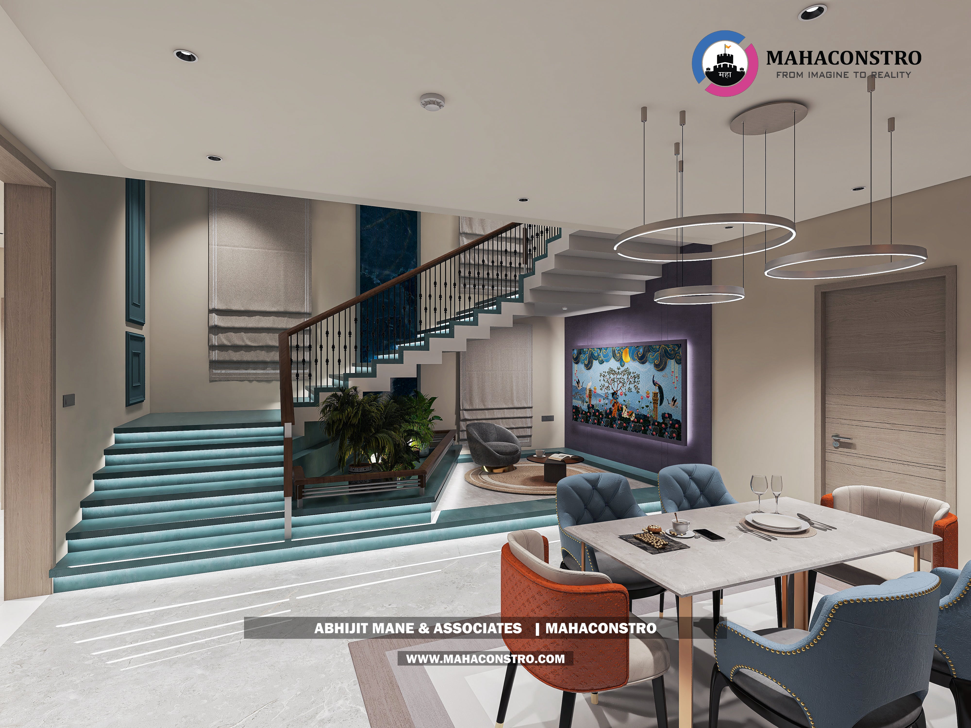 Ultra-luxury bungalow living room in Bhimanagar, Solapur, featuring a double-height space, teal sofas, and a custom television wall by Mahaconstro Architects