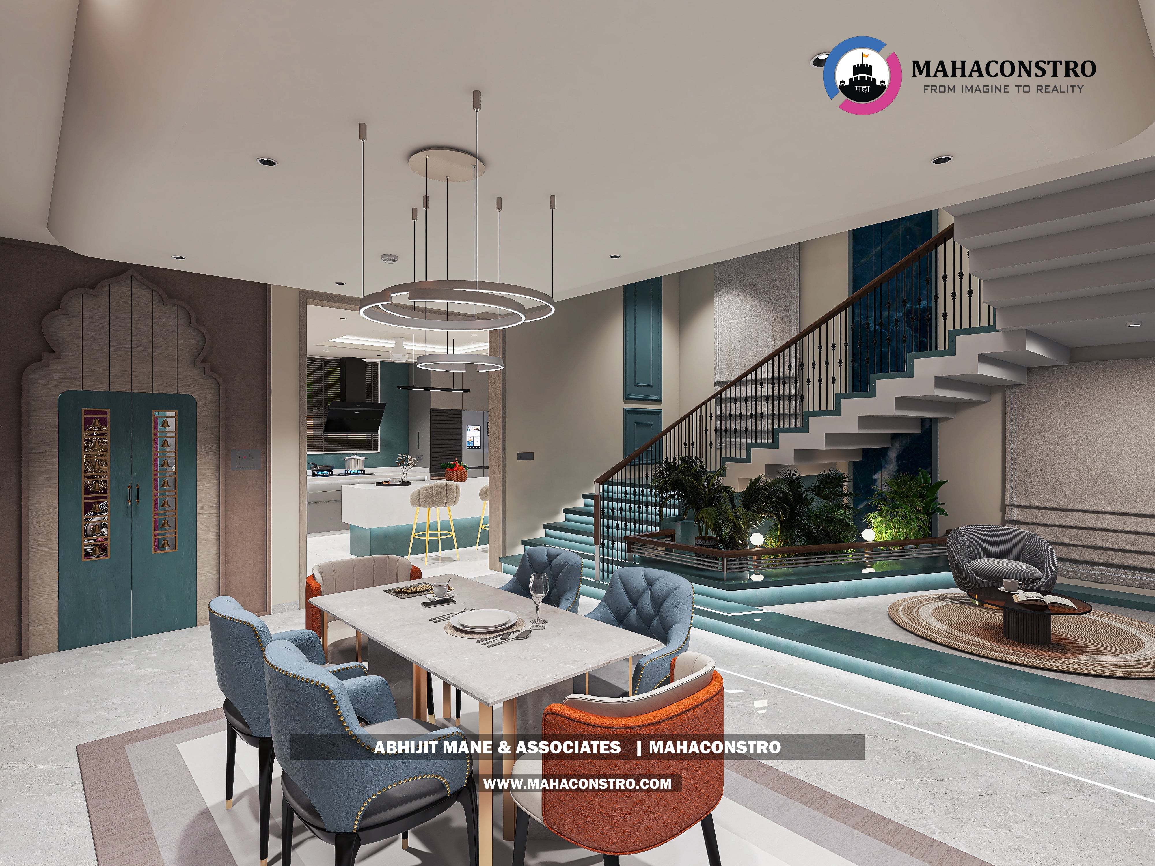 Ultra-luxury bungalow living room in Bhimanagar, Solapur, featuring a double-height space, teal sofas, and a custom television wall by Mahaconstro Architects