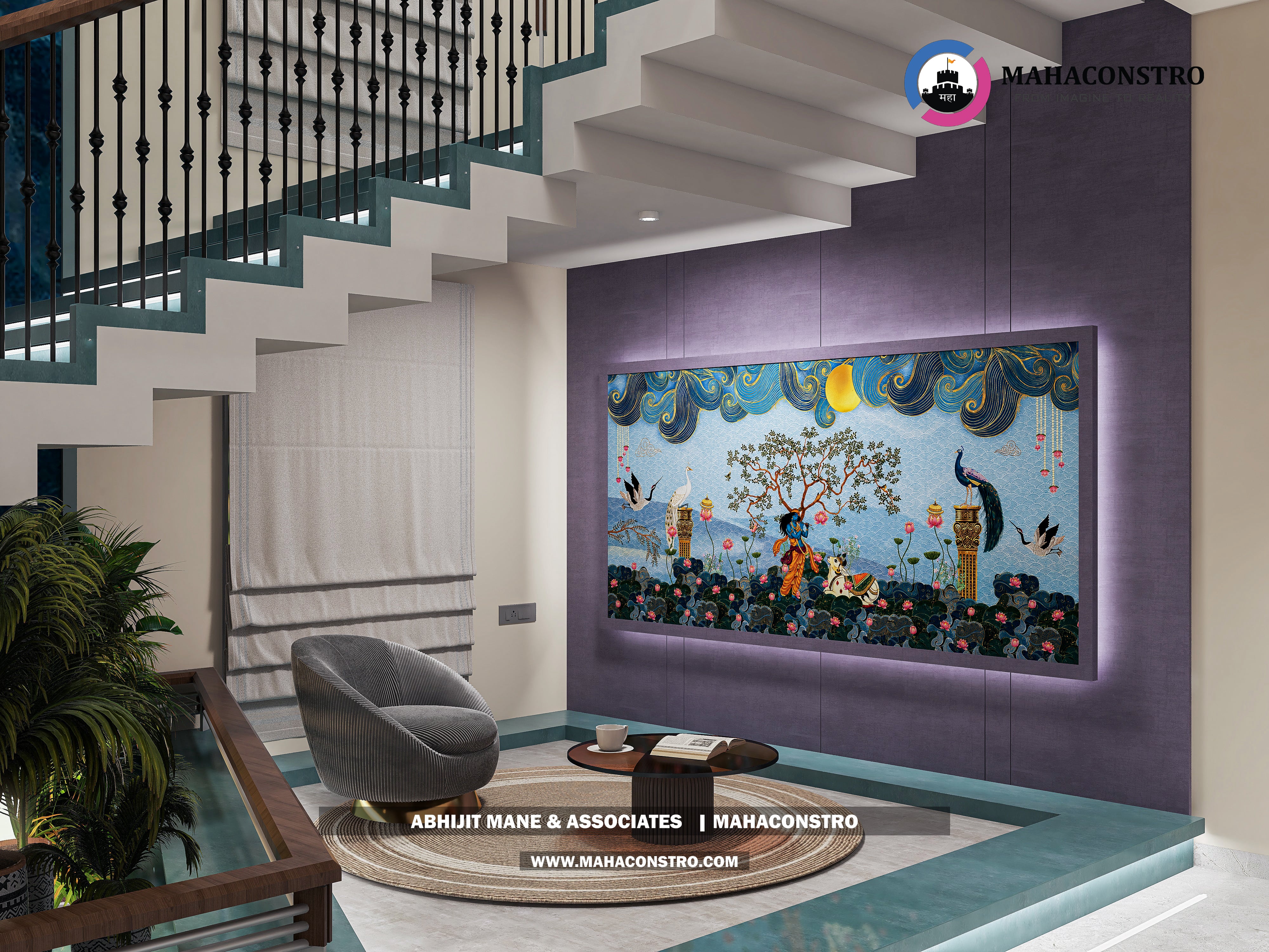 Ultra-luxury bungalow living room in Bhimanagar, Solapur, featuring a double-height space, teal sofas, and a custom television wall by Mahaconstro Architects