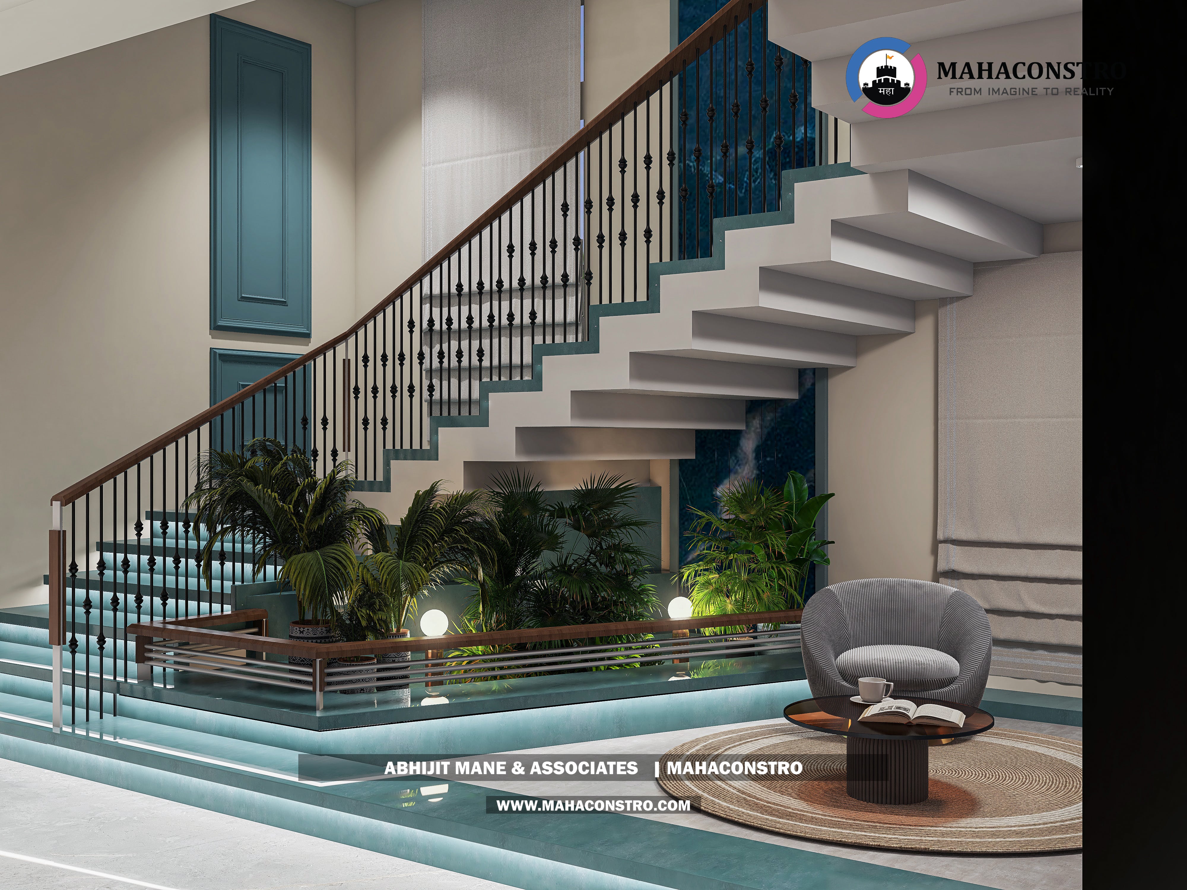 Ultra-luxury bungalow living room in Bhimanagar, Solapur, featuring a double-height space, teal sofas, and a custom television wall by Mahaconstro Architects