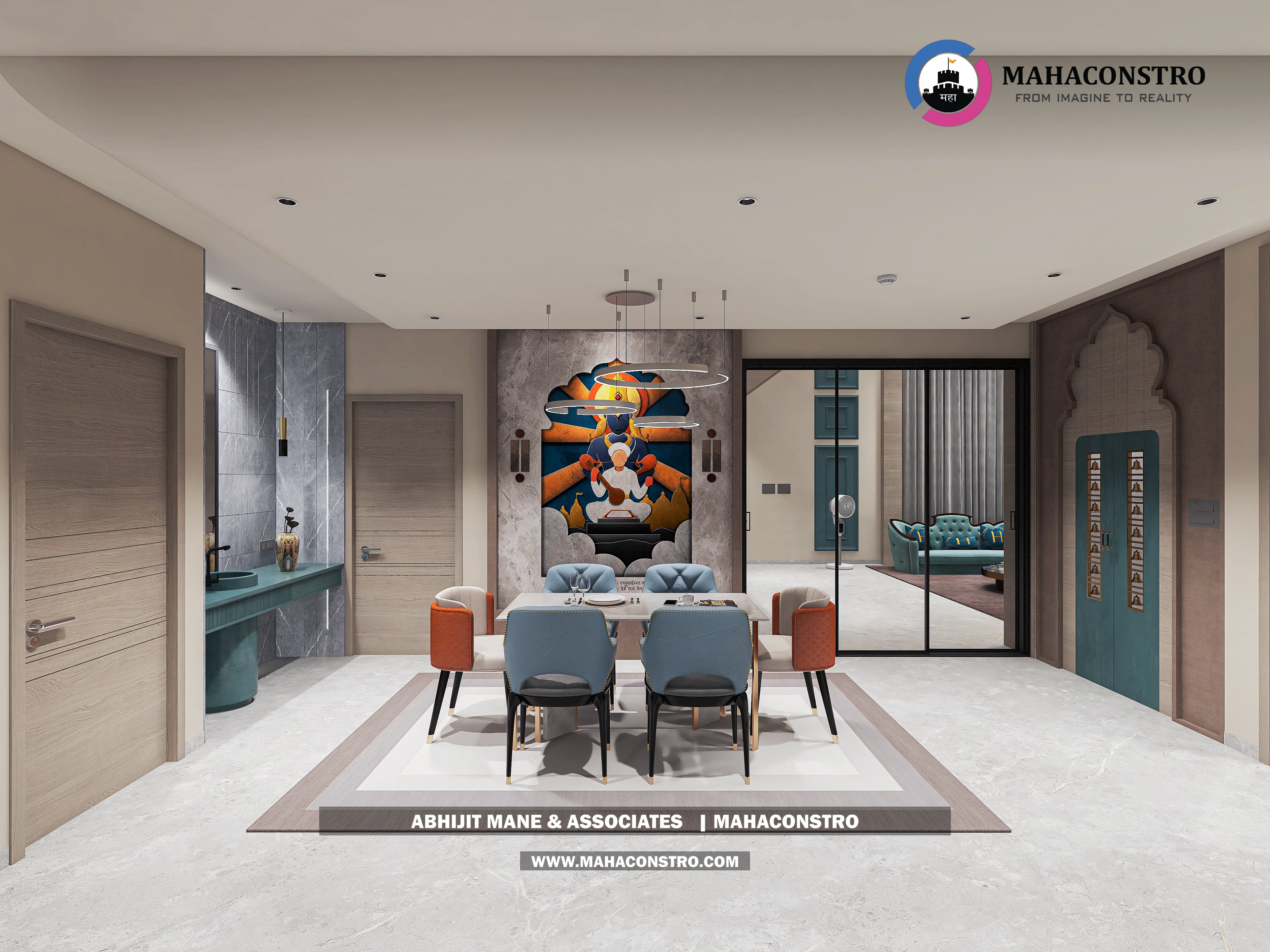 Ultra-luxury bungalow living room in Bhimanagar, Solapur, featuring a double-height space, teal sofas, and a custom television wall by Mahaconstro Architects