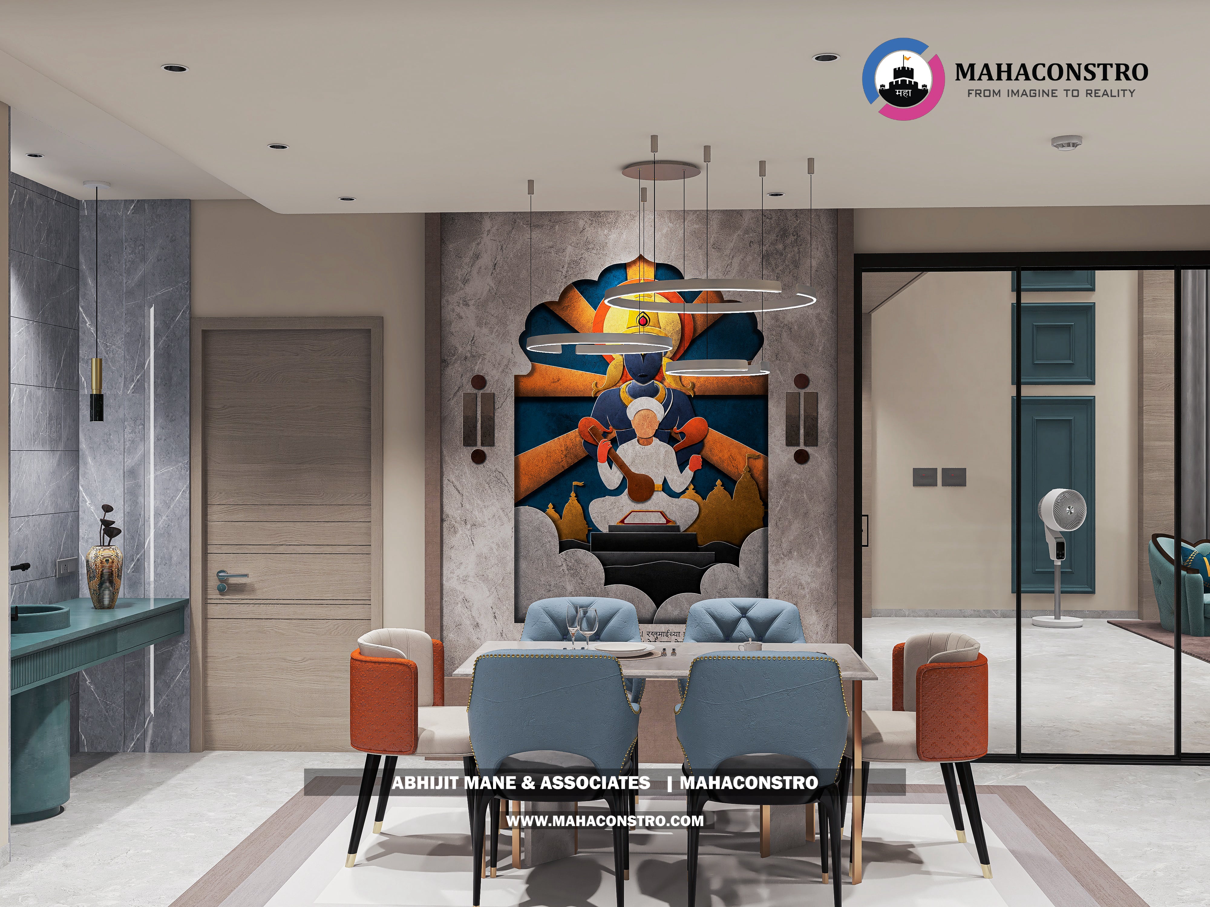 Ultra-luxury bungalow living room in Bhimanagar, Solapur, featuring a double-height space, teal sofas, and a custom television wall by Mahaconstro Architects