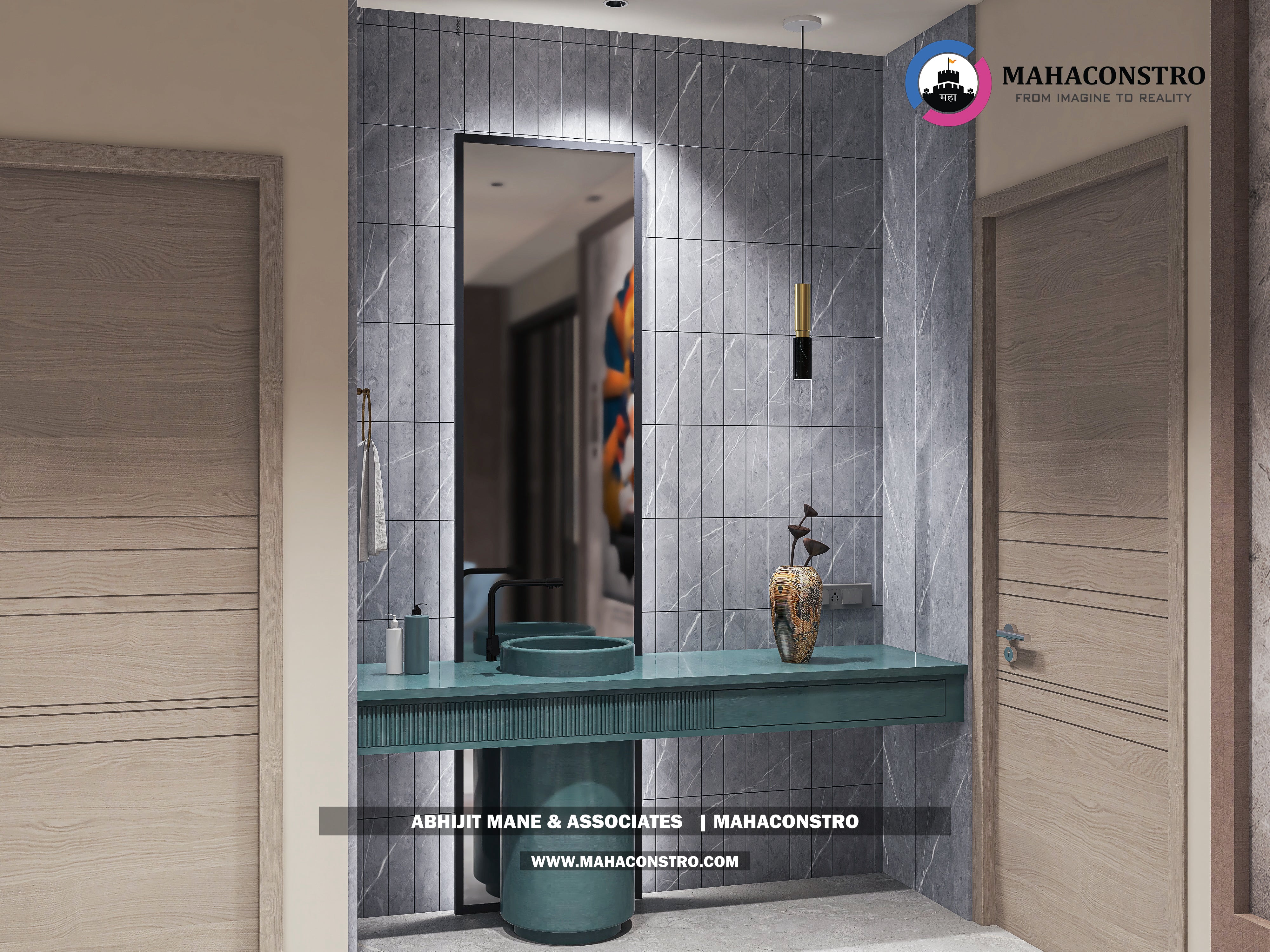 Ultra-luxury bungalow living room in Bhimanagar, Solapur, featuring a double-height space, teal sofas, and a custom television wall by Mahaconstro Architects