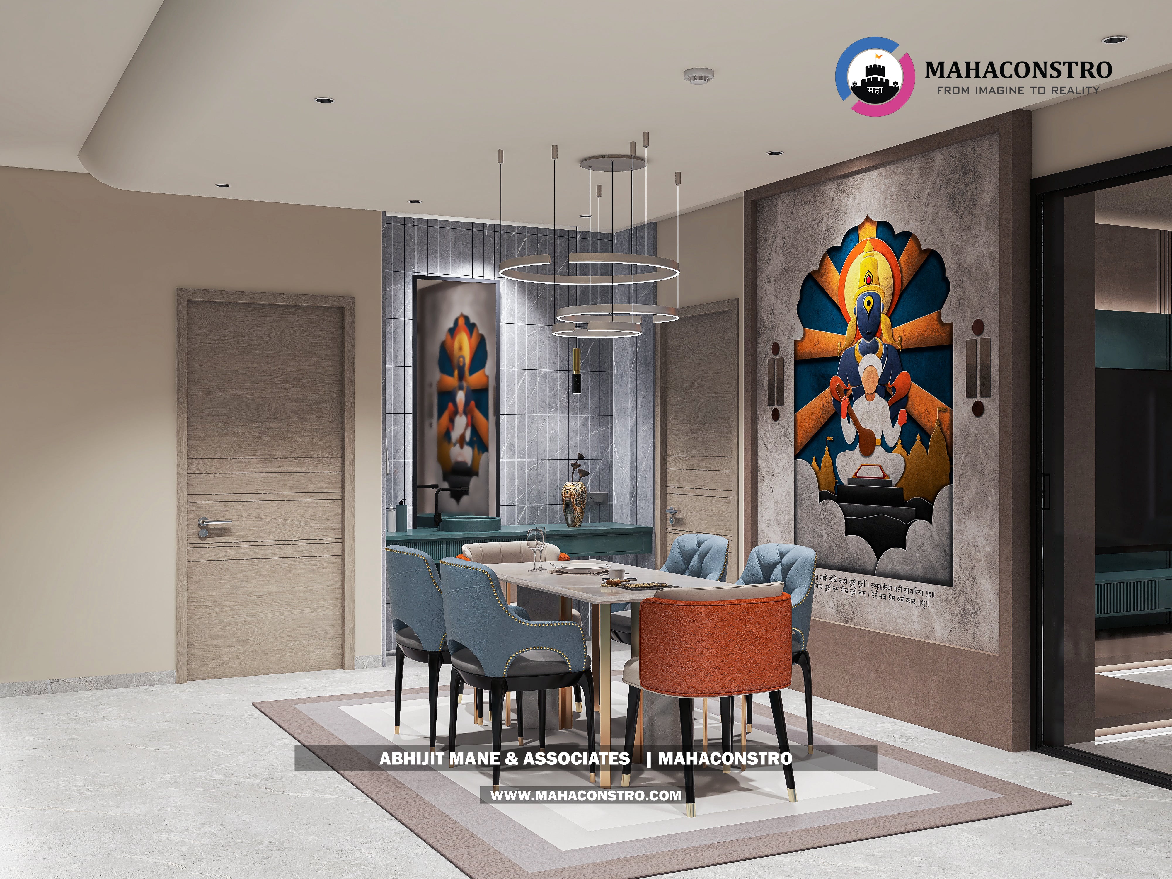 Ultra-luxury bungalow living room in Bhimanagar, Solapur, featuring a double-height space, teal sofas, and a custom television wall by Mahaconstro Architects