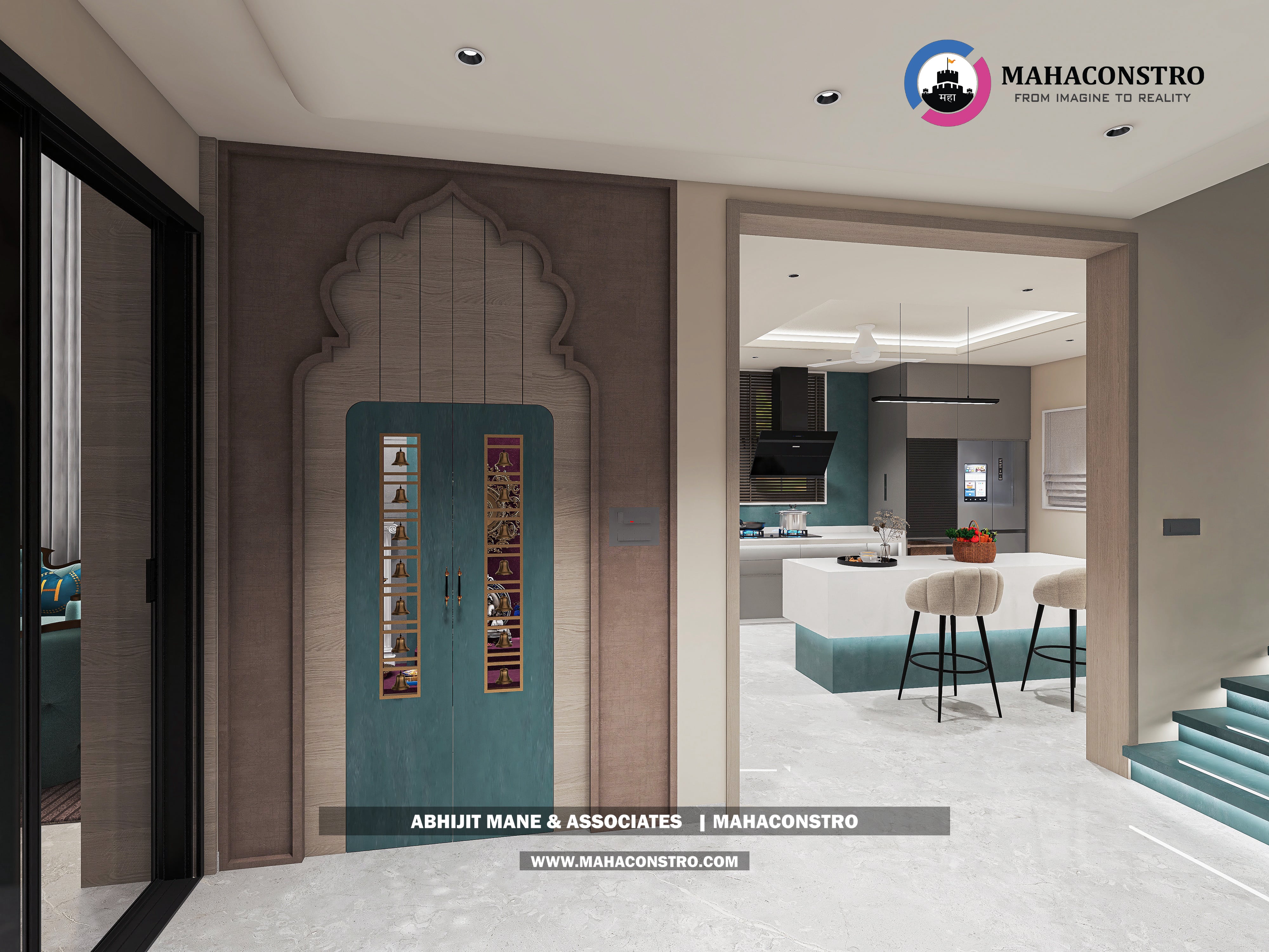 Ultra-luxury bungalow living room in Bhimanagar, Solapur, featuring a double-height space, teal sofas, and a custom television wall by Mahaconstro Architects