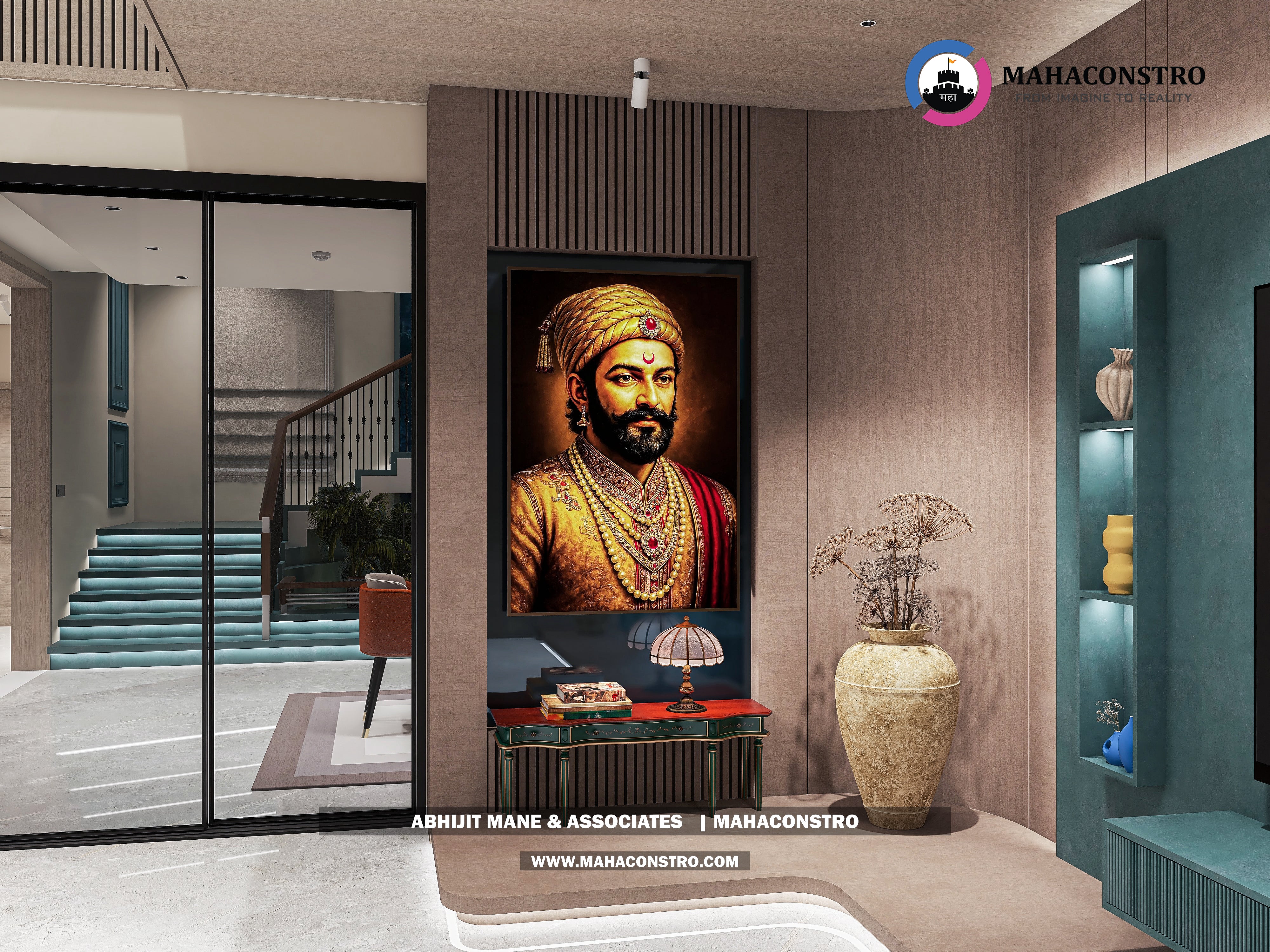 Ultra-luxury bungalow living room in Bhimanagar, Solapur, featuring a double-height space, teal sofas, and a custom television wall by Mahaconstro Architects