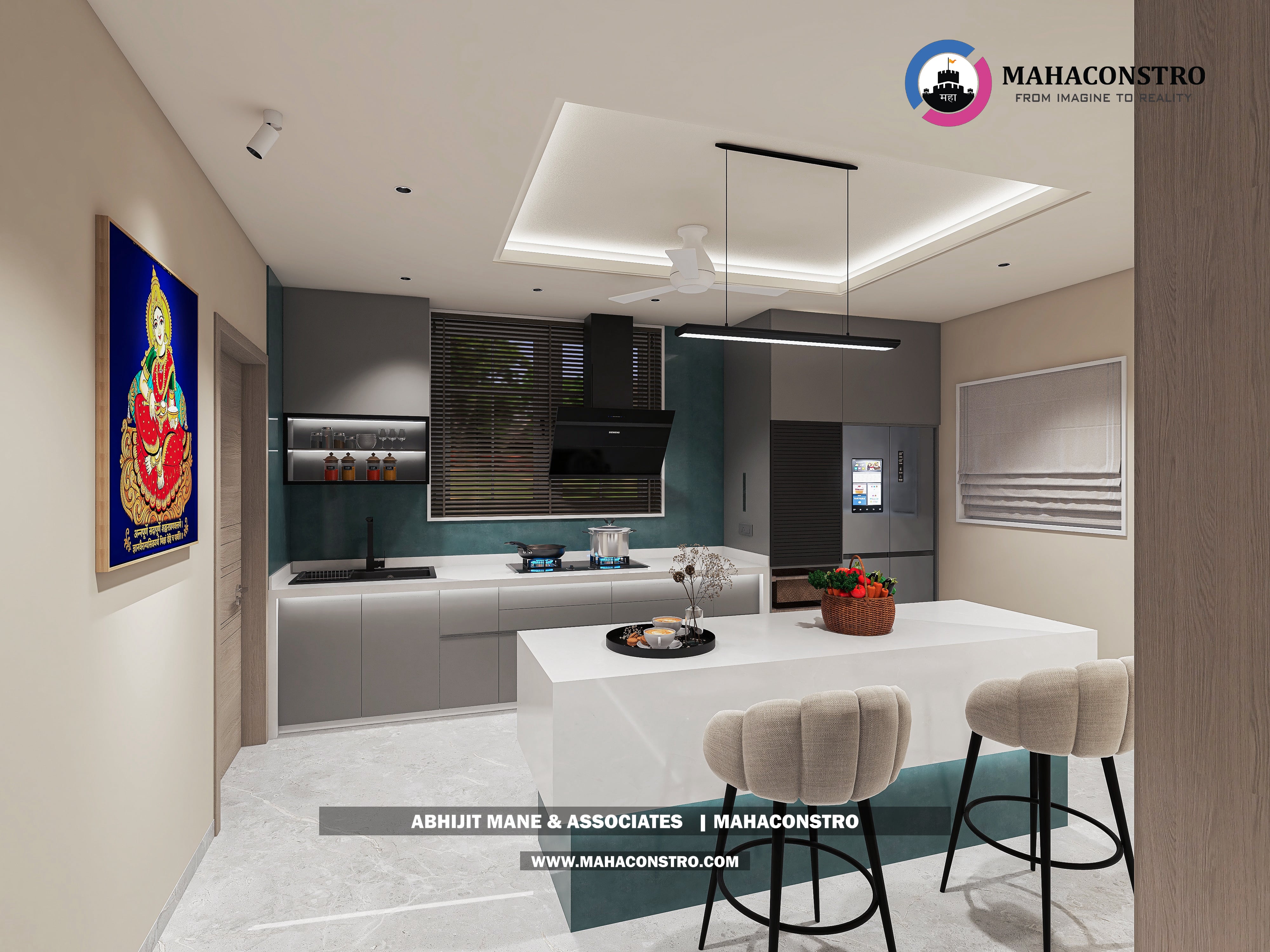 Ultra-luxury bungalow living room in Bhimanagar, Solapur, featuring a double-height space, teal sofas, and a custom television wall by Mahaconstro Architects