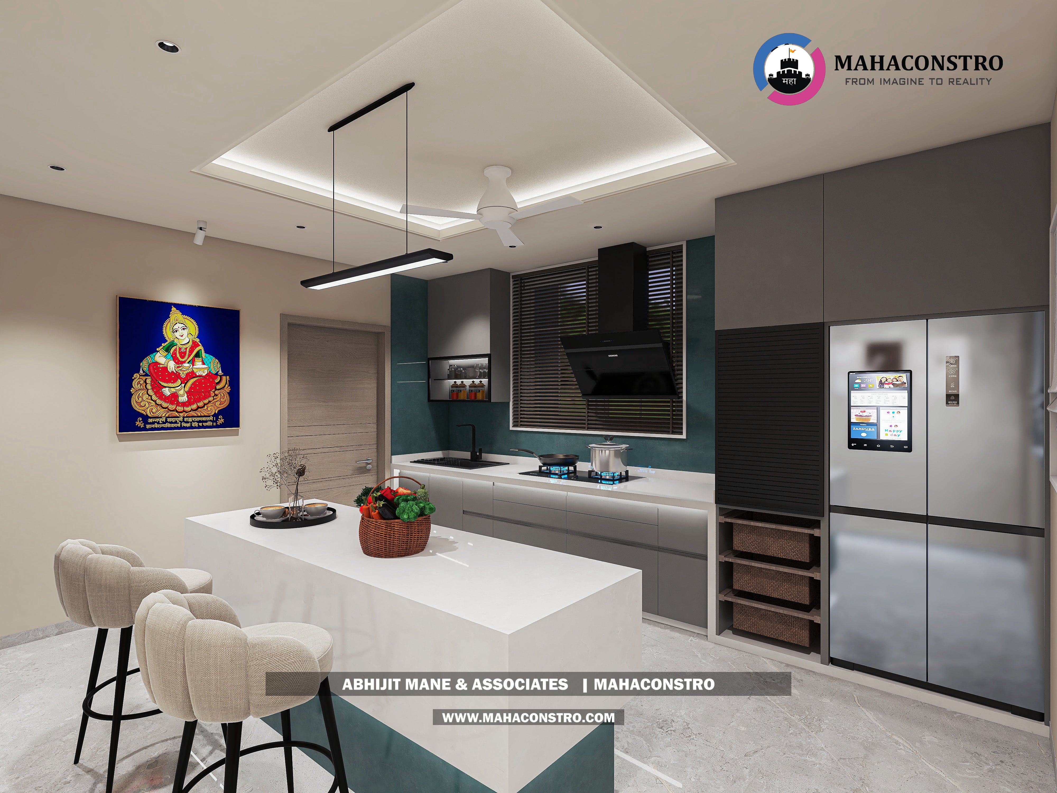 Ultra-luxury bungalow living room in Bhimanagar, Solapur, featuring a double-height space, teal sofas, and a custom television wall by Mahaconstro Architects