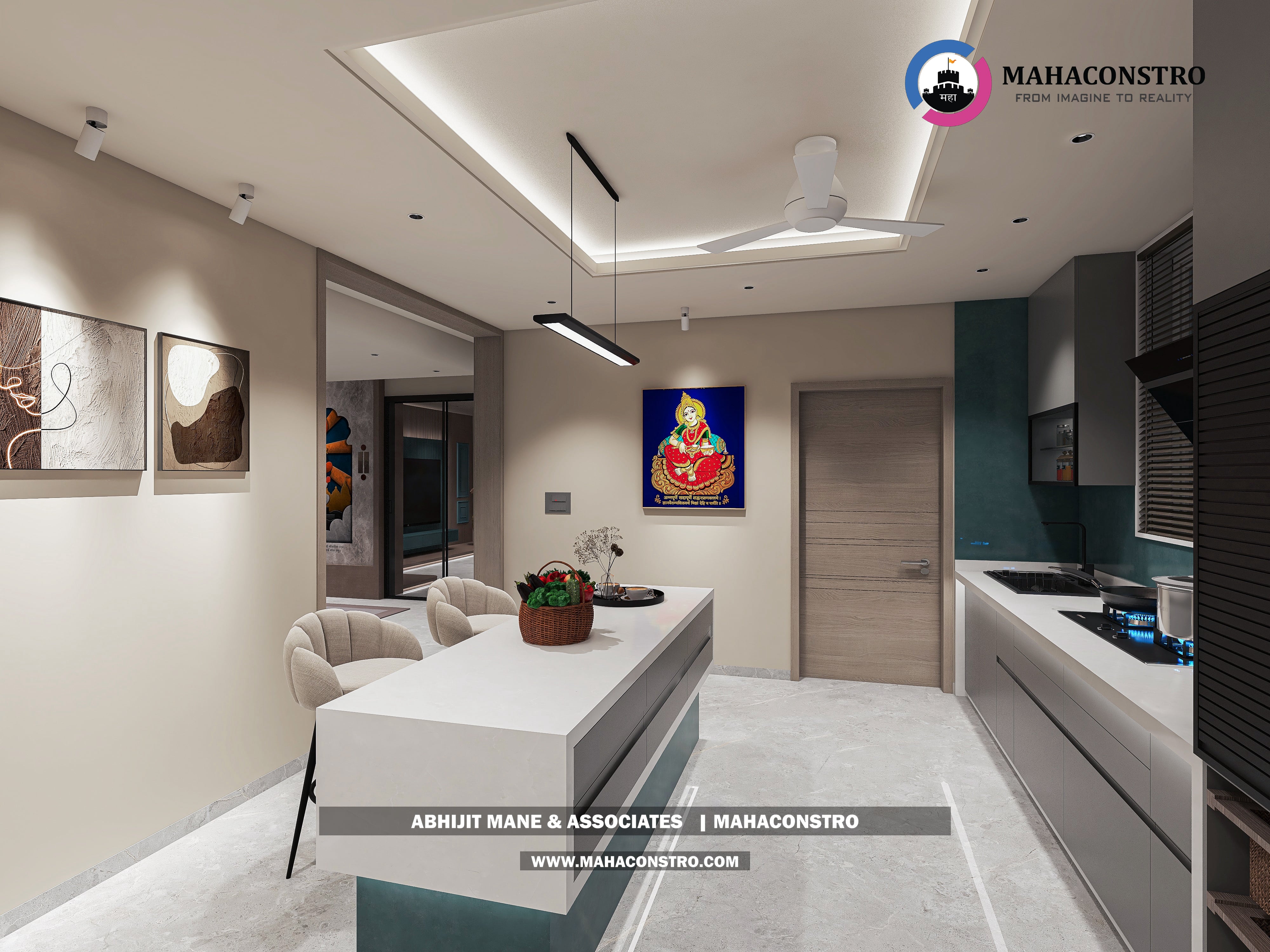 Ultra-luxury bungalow living room in Bhimanagar, Solapur, featuring a double-height space, teal sofas, and a custom television wall by Mahaconstro Architects