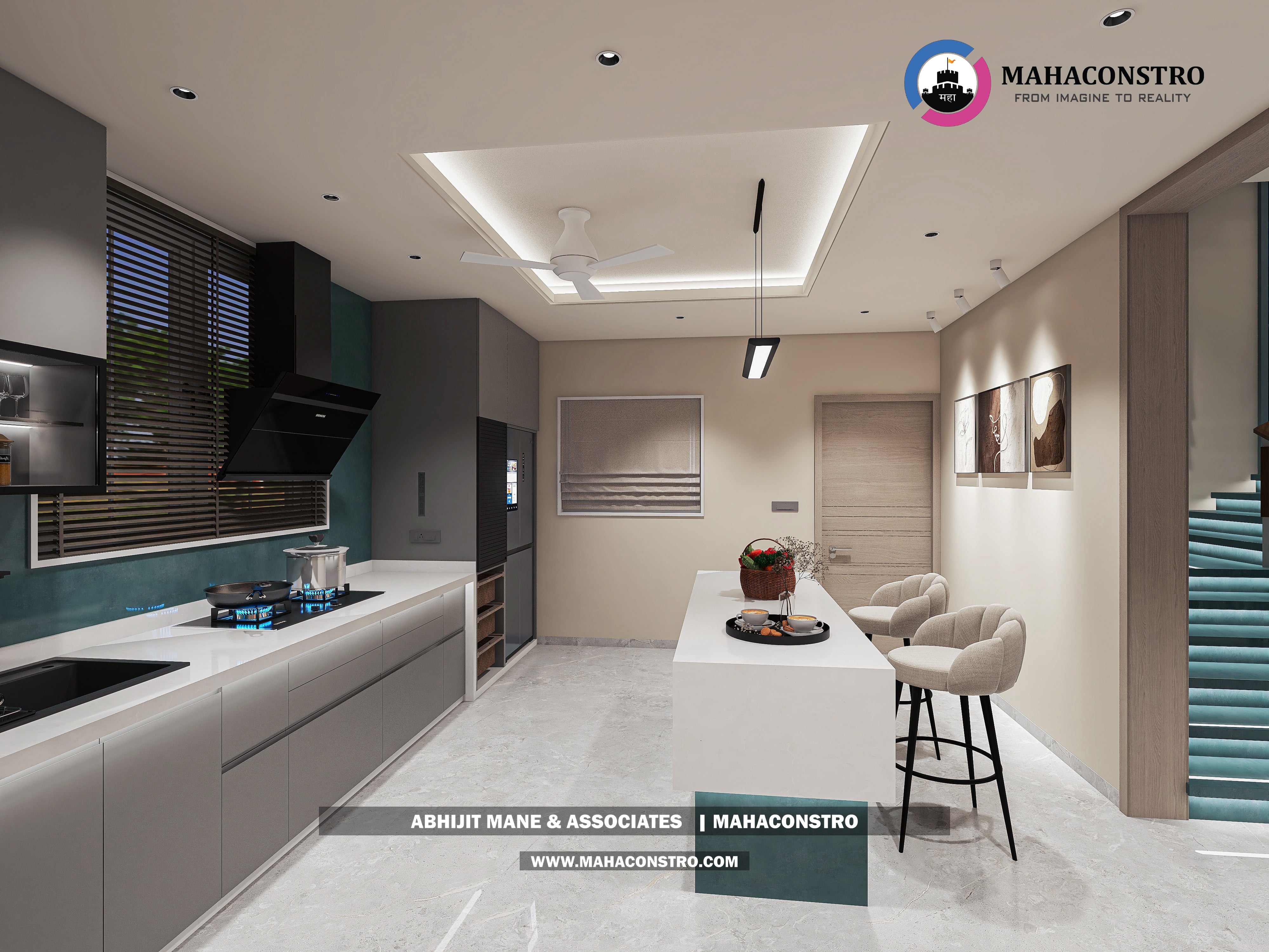 Ultra-luxury bungalow living room in Bhimanagar, Solapur, featuring a double-height space, teal sofas, and a custom television wall by Mahaconstro Architects