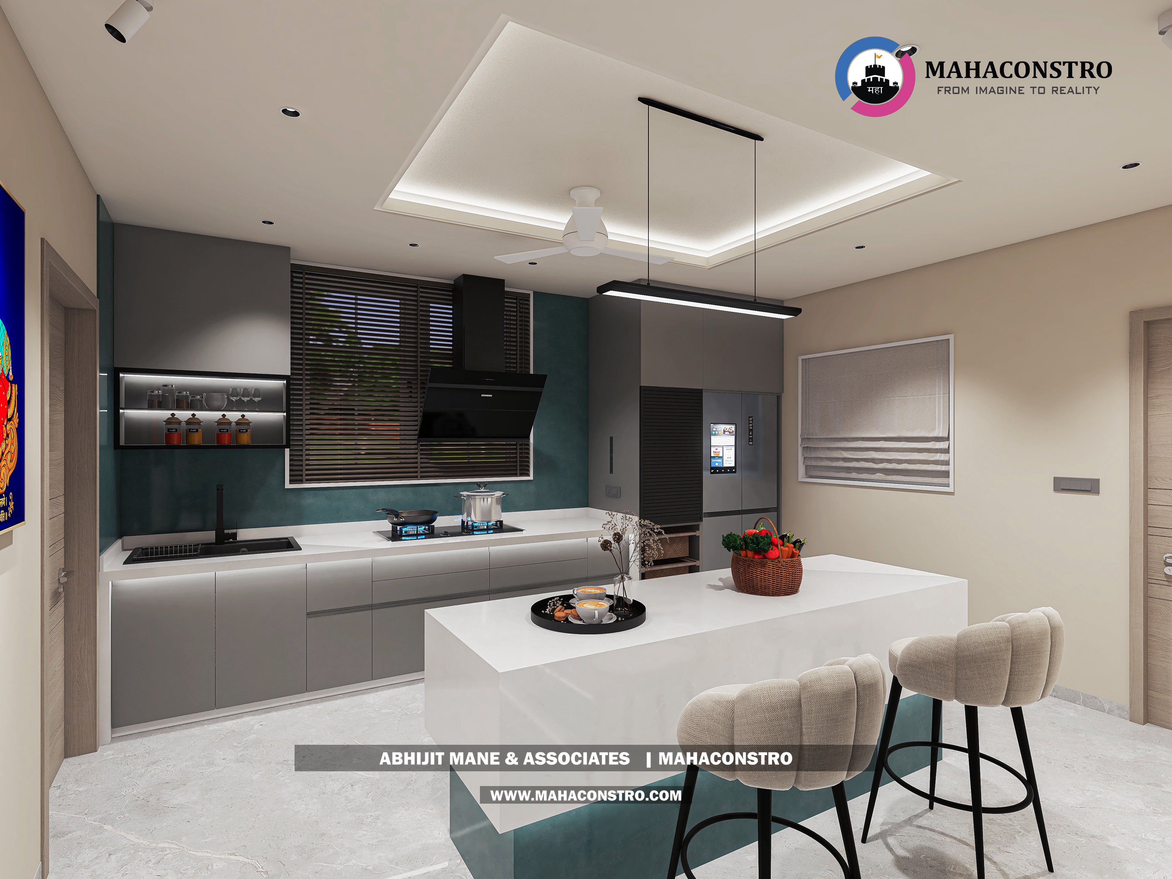 Ultra-luxury bungalow living room in Bhimanagar, Solapur, featuring a double-height space, teal sofas, and a custom television wall by Mahaconstro Architects