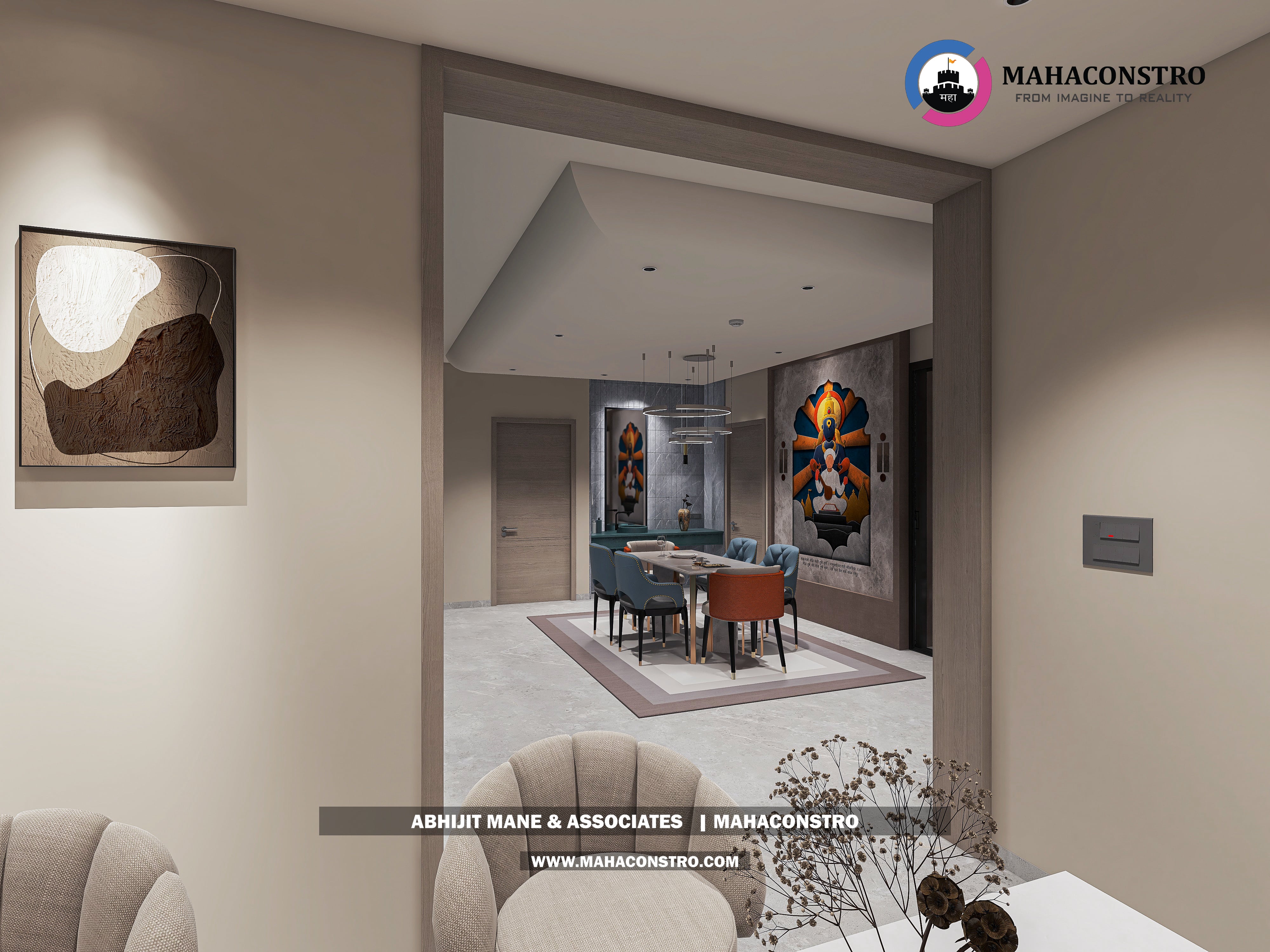 Ultra-luxury bungalow living room in Bhimanagar, Solapur, featuring a double-height space, teal sofas, and a custom television wall by Mahaconstro Architects