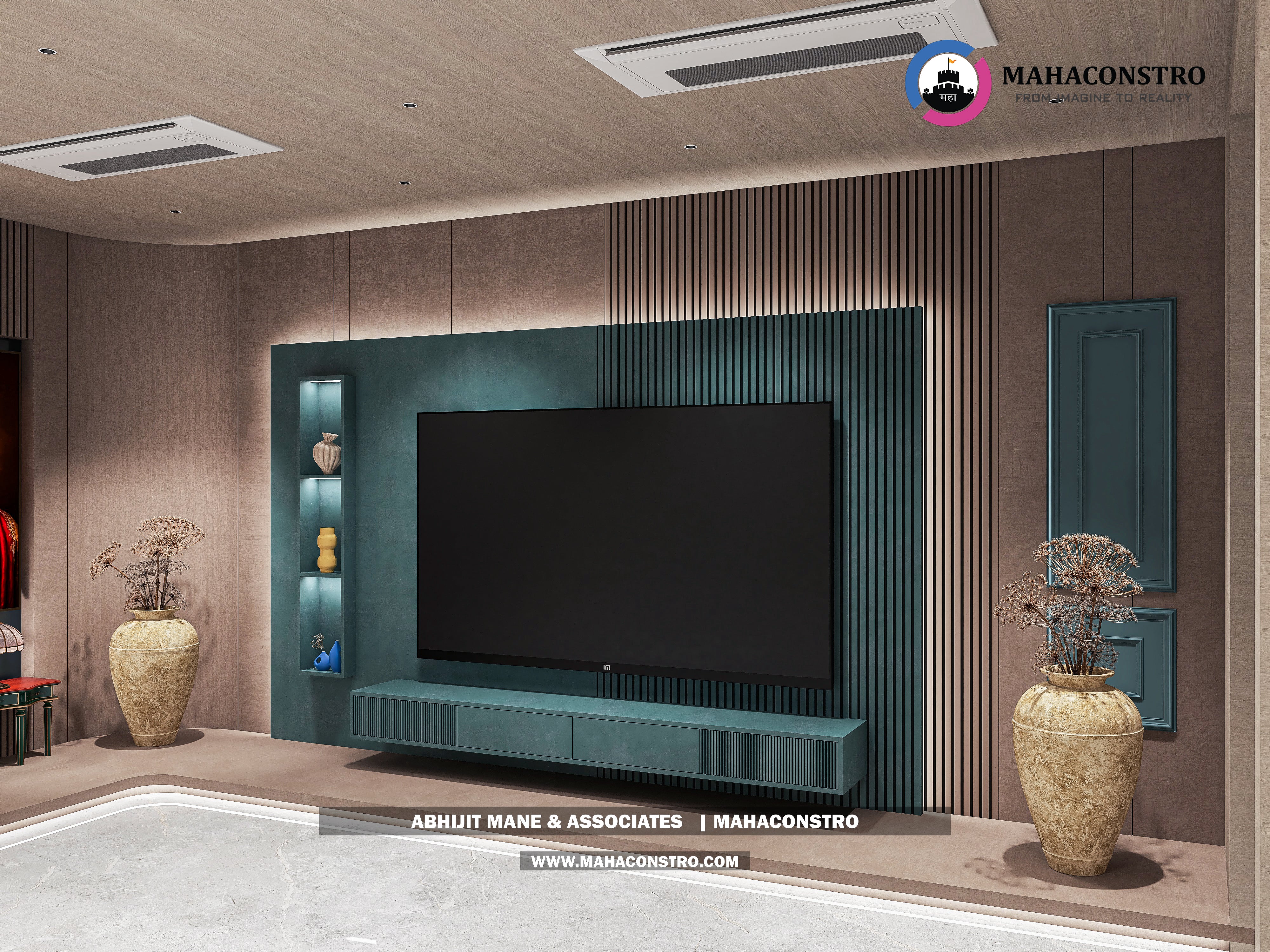 Ultra-luxury bungalow living room in Bhimanagar, Solapur, featuring a double-height space, teal sofas, and a custom television wall by Mahaconstro Architects