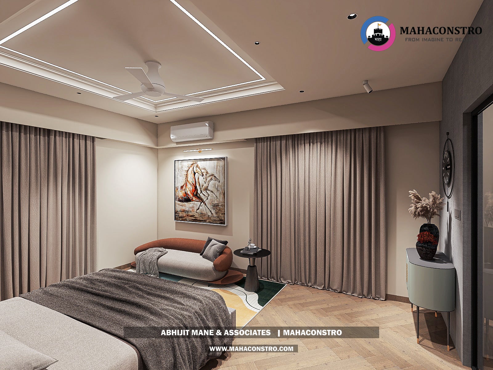 Ultra-luxury bungalow living room in Bhimanagar, Solapur, featuring a double-height space, teal sofas, and a custom television wall by Mahaconstro Architects