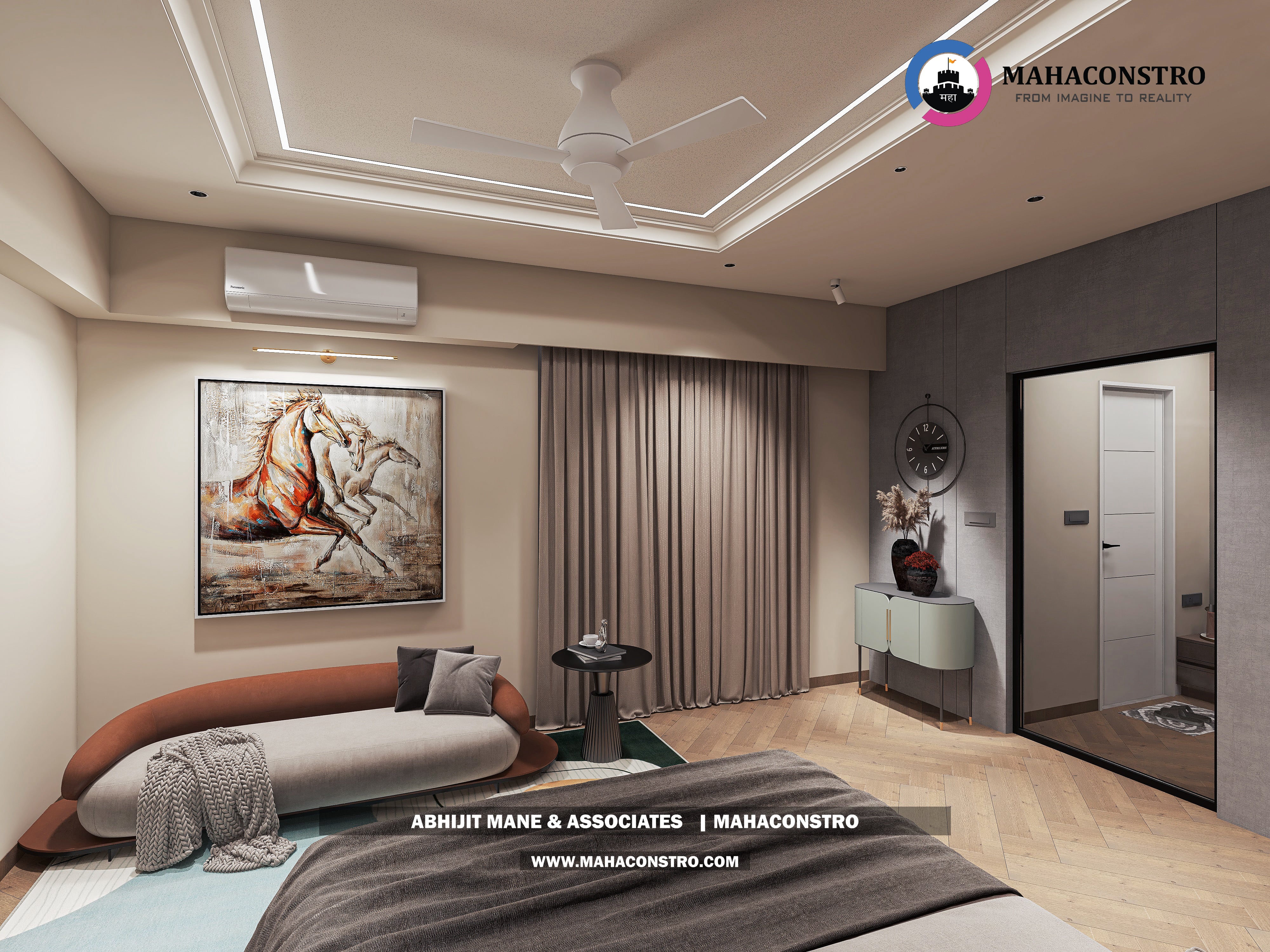 Ultra-luxury bungalow living room in Bhimanagar, Solapur, featuring a double-height space, teal sofas, and a custom television wall by Mahaconstro Architects