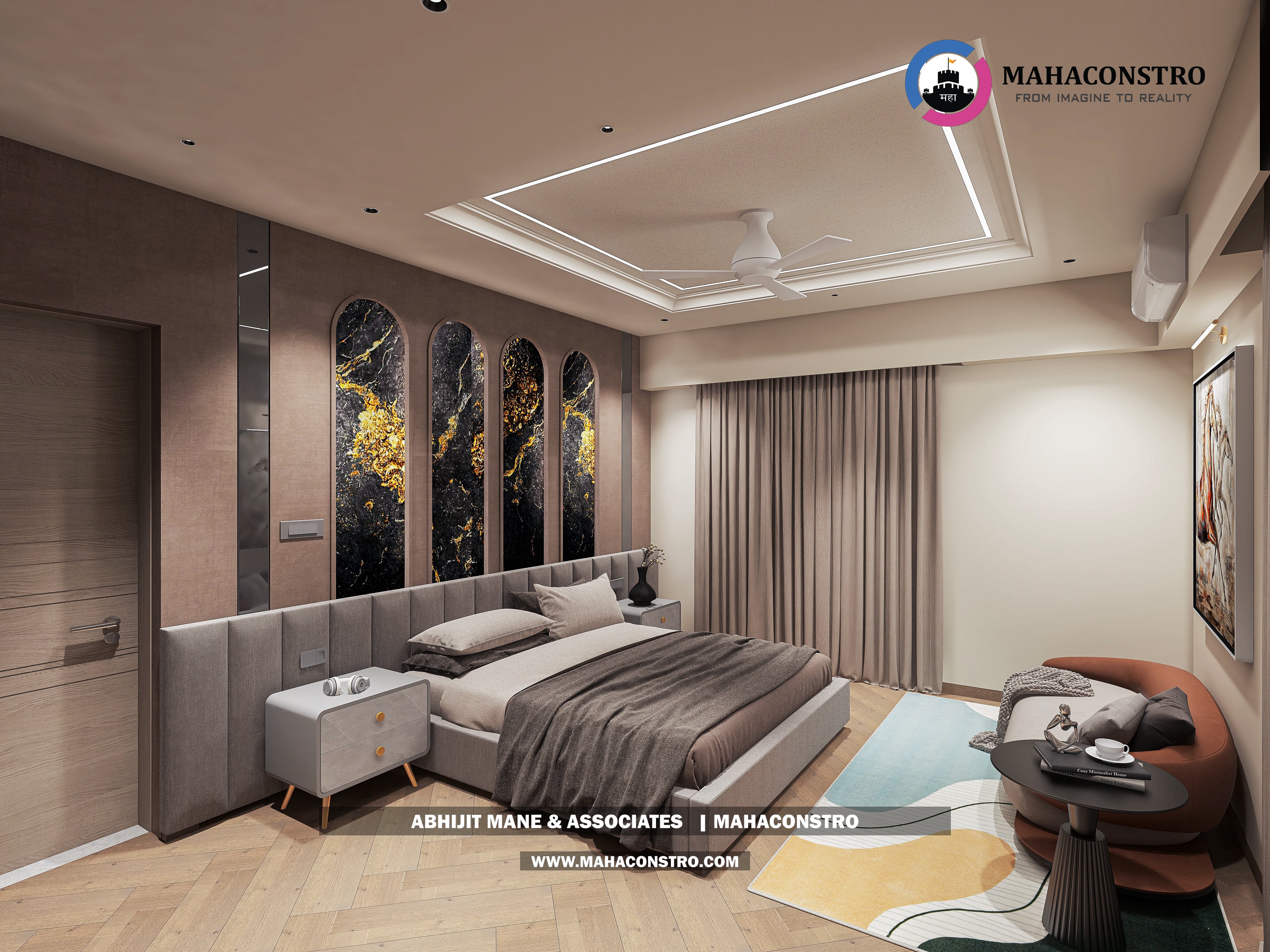 Ultra-luxury bungalow living room in Bhimanagar, Solapur, featuring a double-height space, teal sofas, and a custom television wall by Mahaconstro Architects