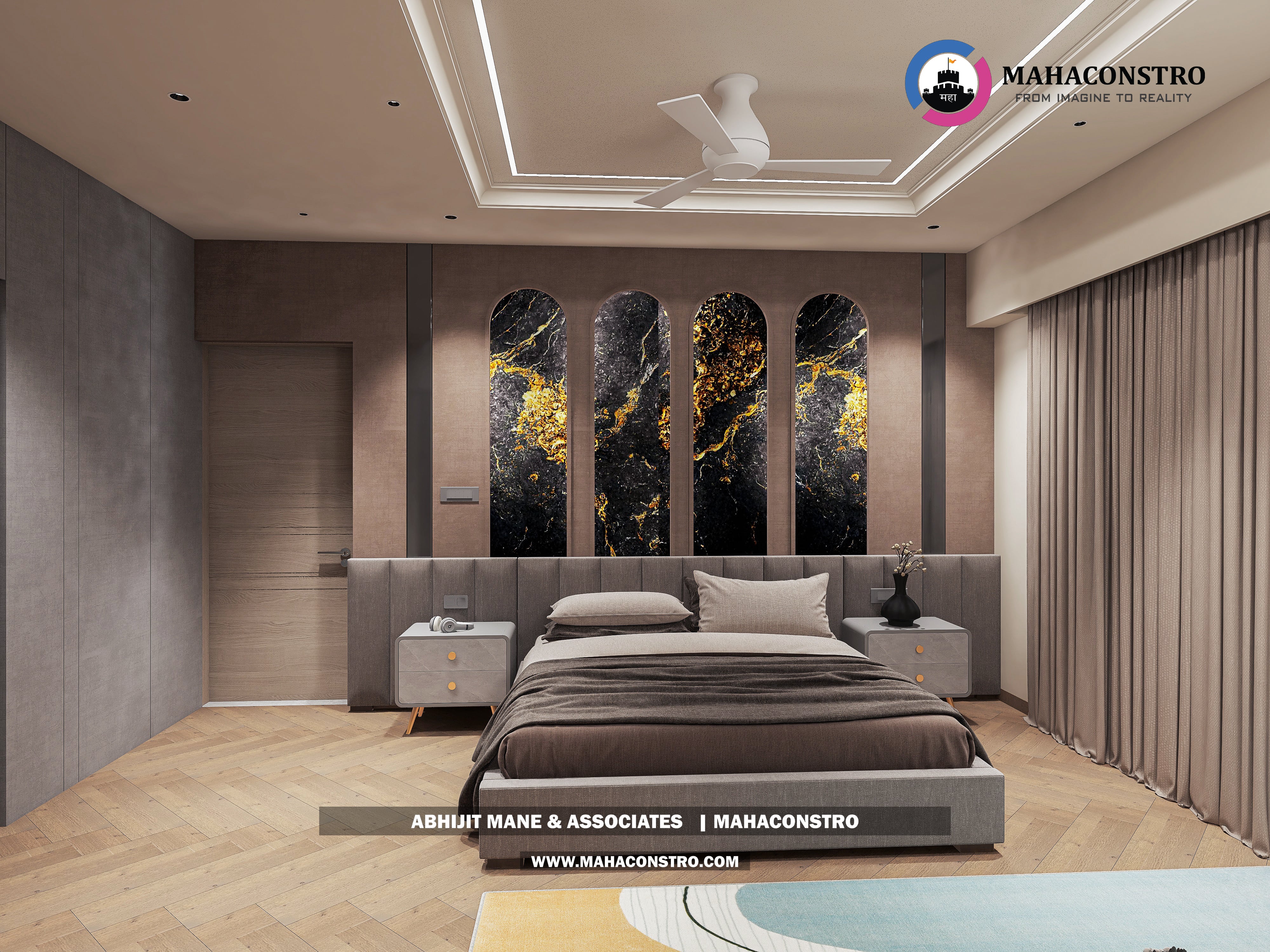 Ultra-luxury bungalow living room in Bhimanagar, Solapur, featuring a double-height space, teal sofas, and a custom television wall by Mahaconstro Architects