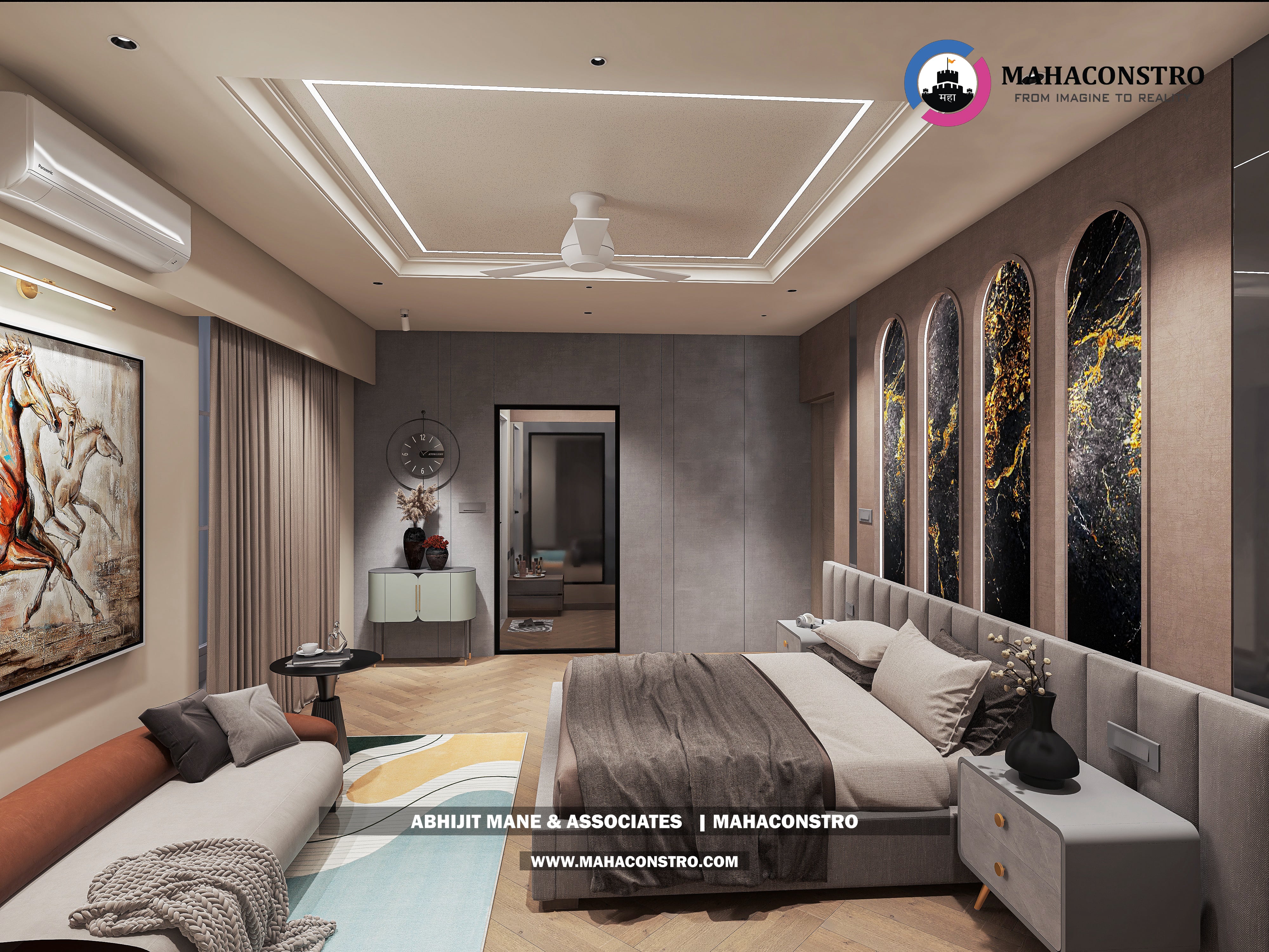 Ultra-luxury bungalow living room in Bhimanagar, Solapur, featuring a double-height space, teal sofas, and a custom television wall by Mahaconstro Architects