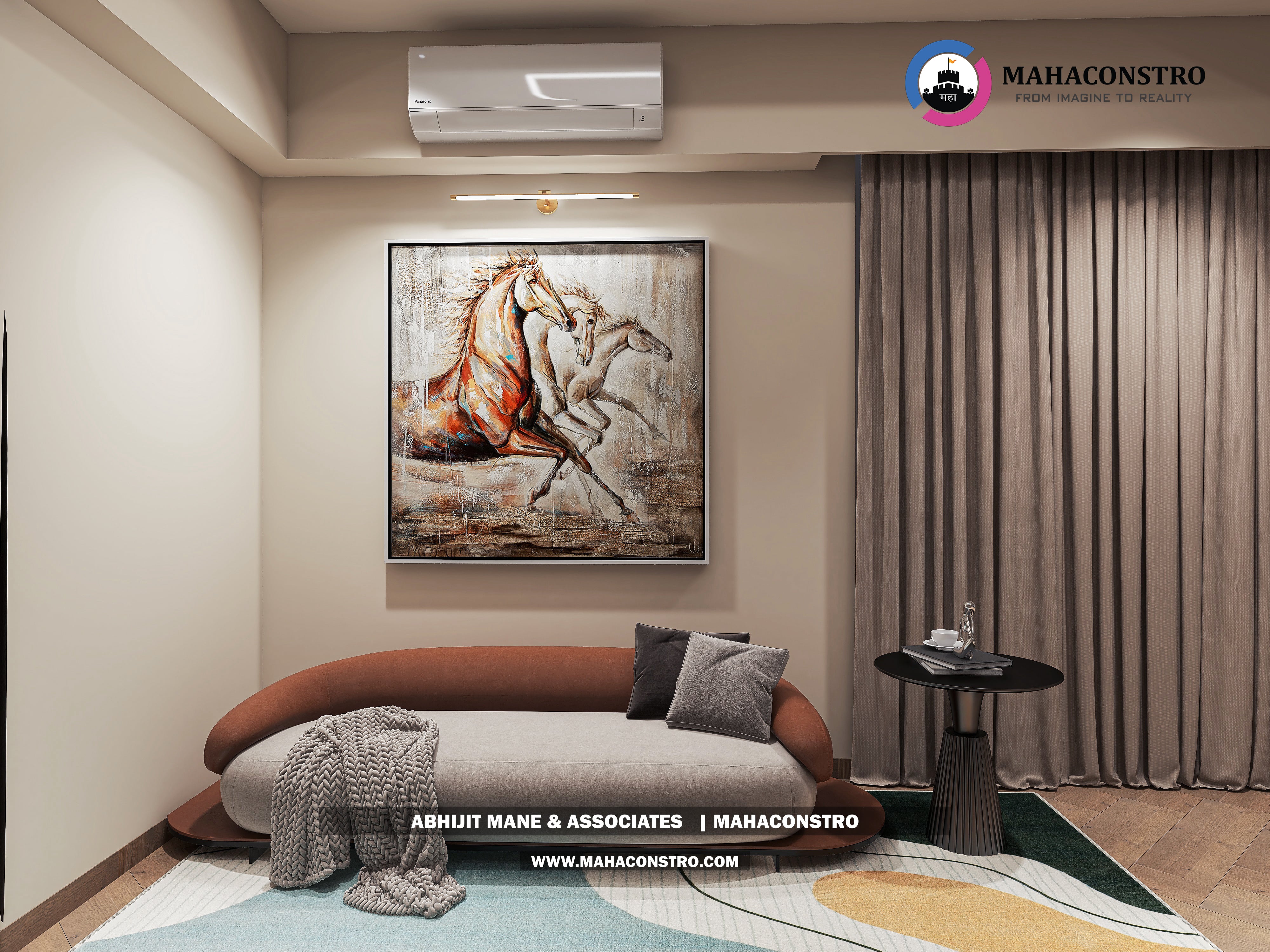 Ultra-luxury bungalow living room in Bhimanagar, Solapur, featuring a double-height space, teal sofas, and a custom television wall by Mahaconstro Architects