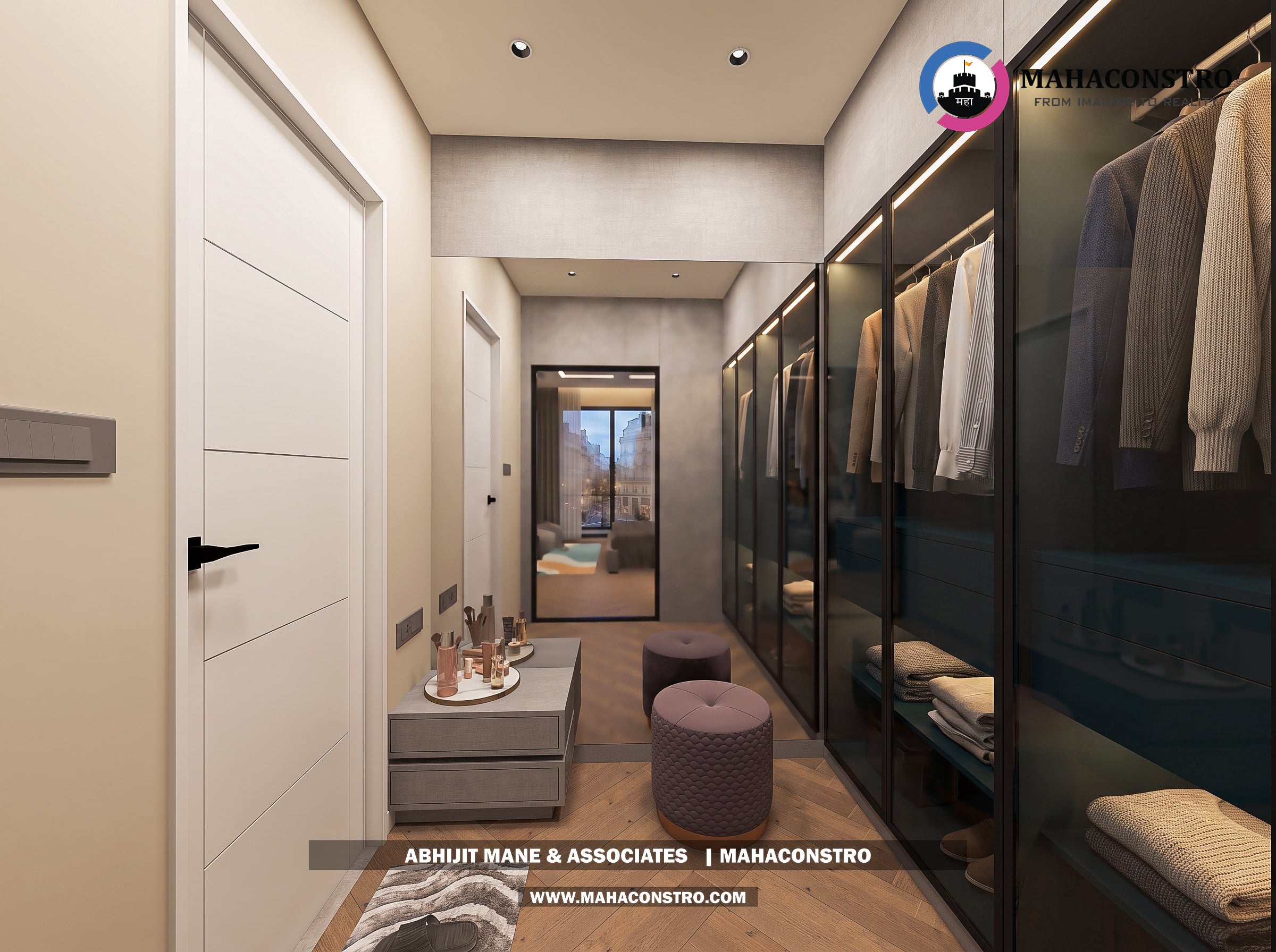 Ultra-luxury bungalow living room in Bhimanagar, Solapur, featuring a double-height space, teal sofas, and a custom television wall by Mahaconstro Architects
