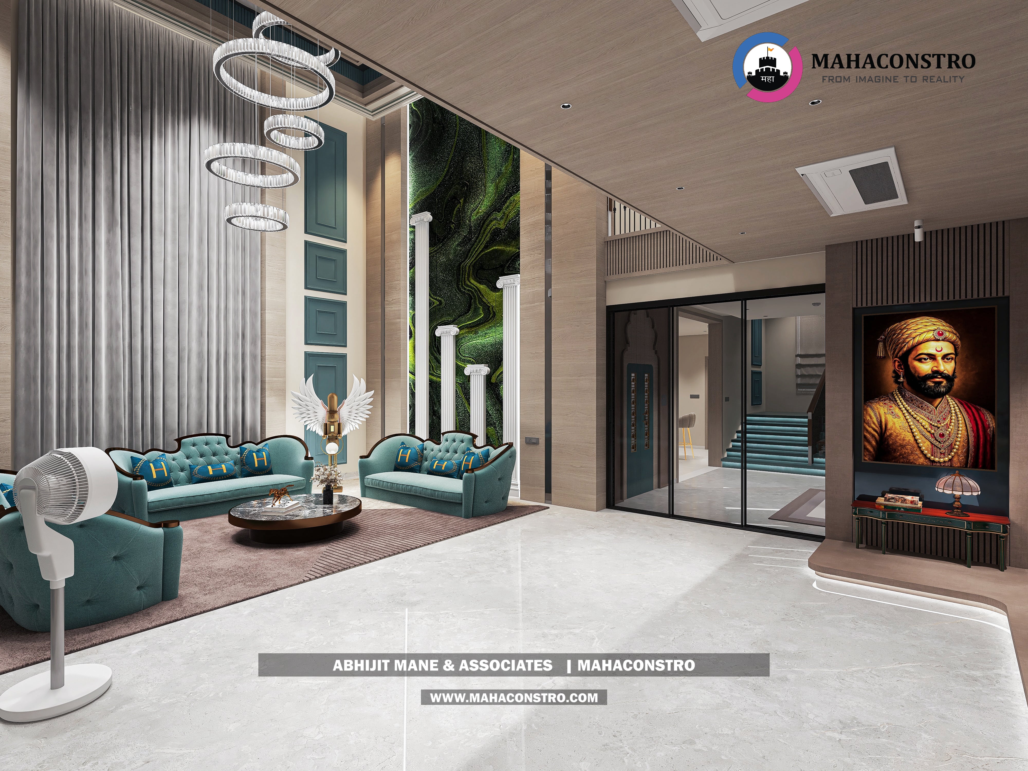 Ultra-luxury bungalow living room in Bhimanagar, Solapur, featuring a double-height space, teal sofas, and a custom television wall by Mahaconstro Architects