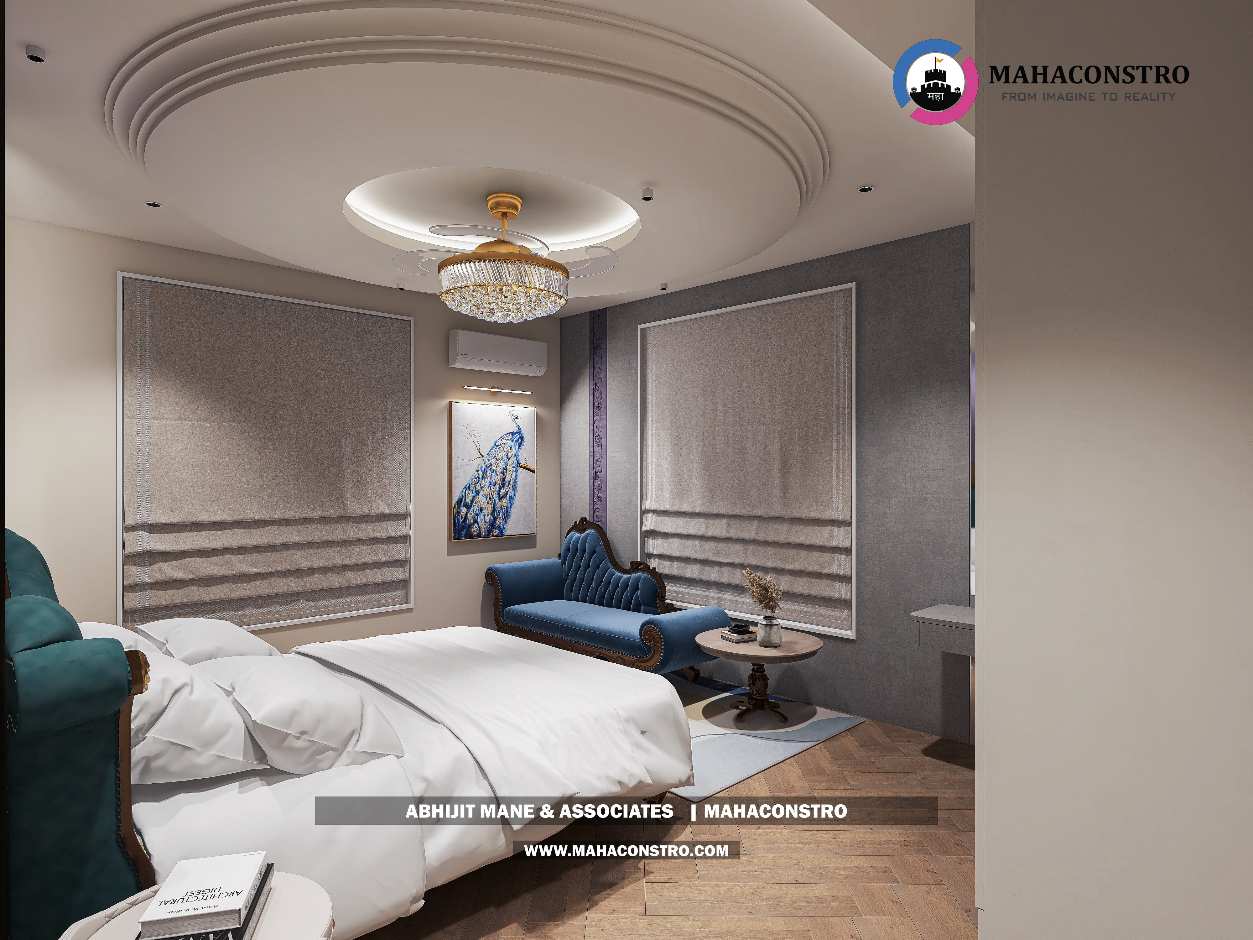 Ultra-luxury bungalow living room in Bhimanagar, Solapur, featuring a double-height space, teal sofas, and a custom television wall by Mahaconstro Architects