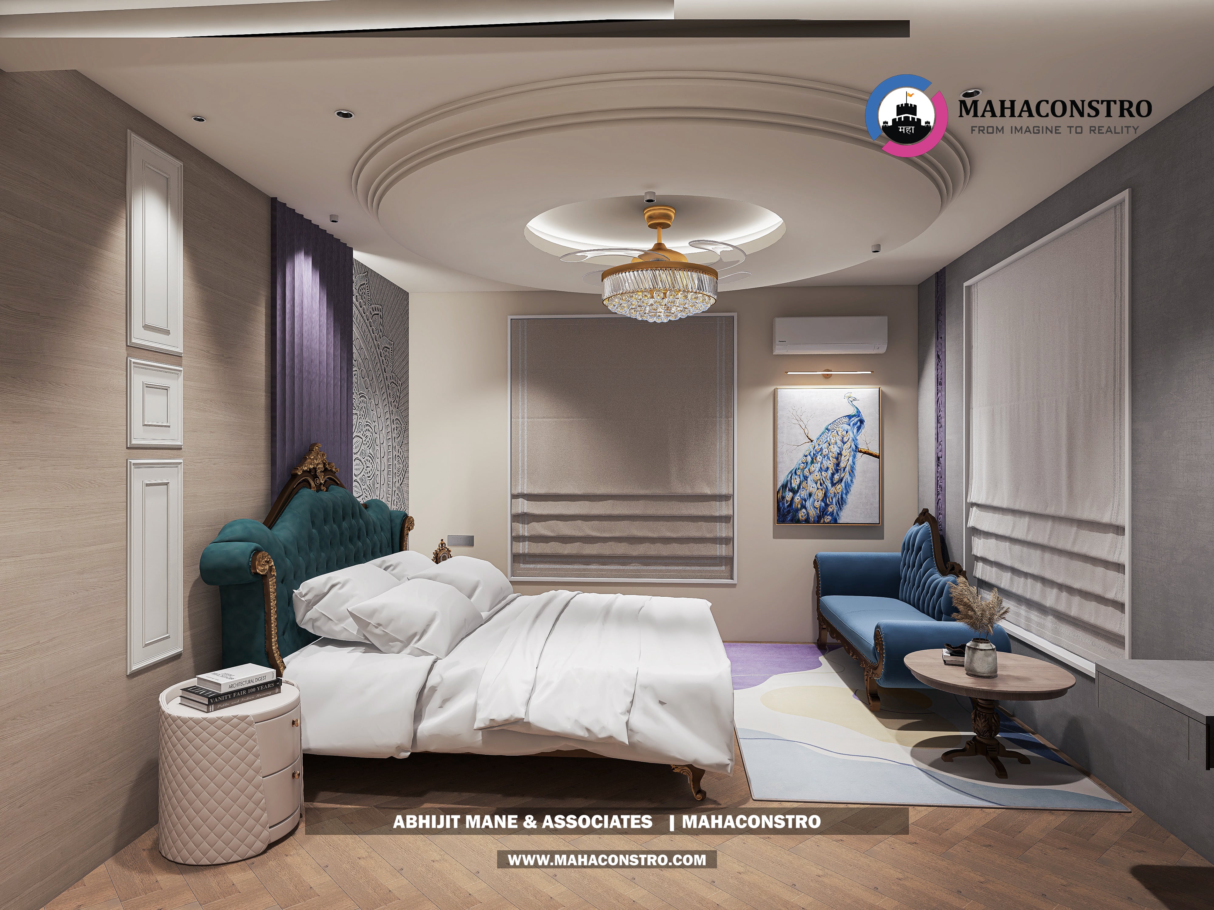 Ultra-luxury bungalow living room in Bhimanagar, Solapur, featuring a double-height space, teal sofas, and a custom television wall by Mahaconstro Architects