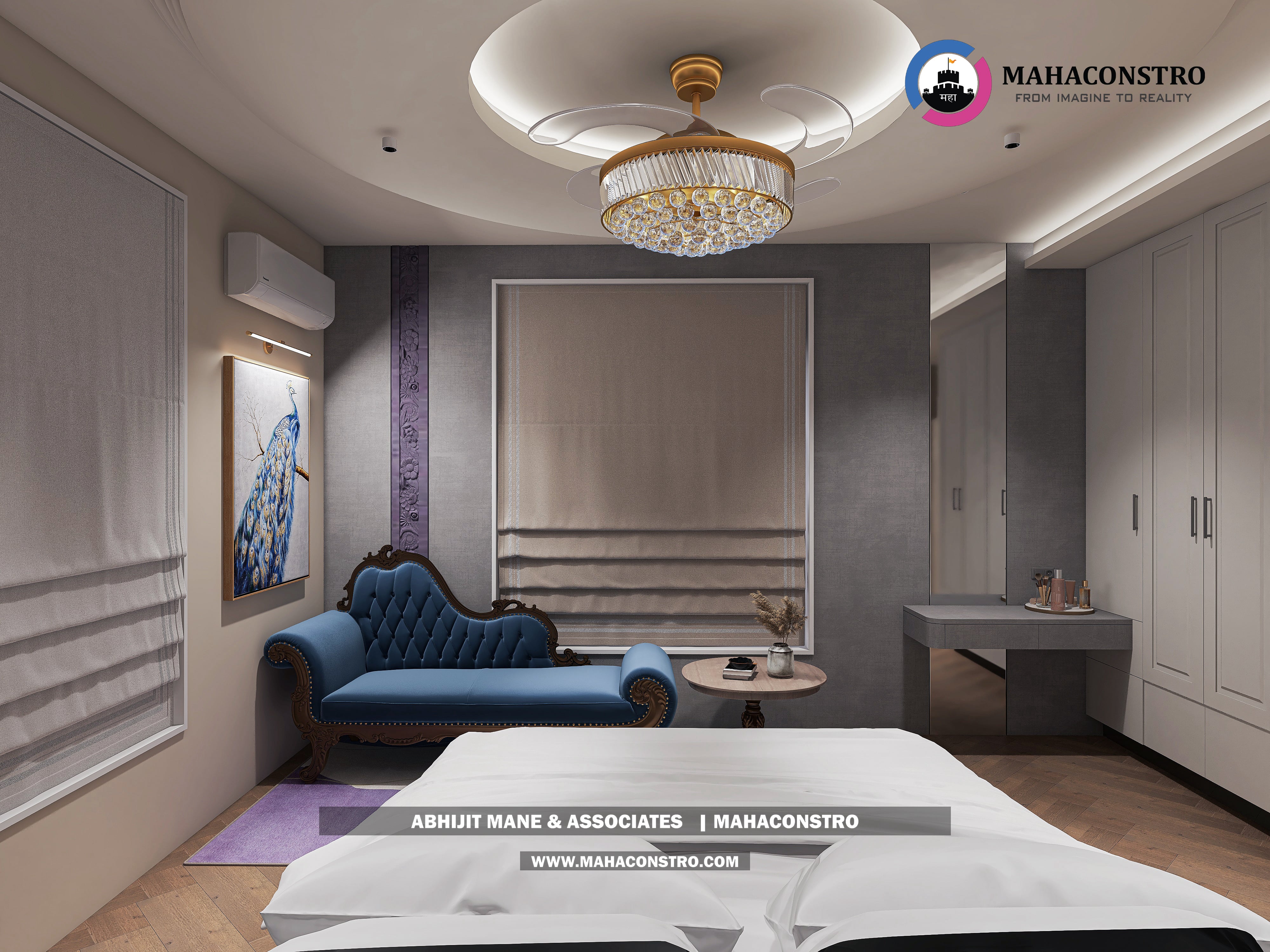 Ultra-luxury bungalow living room in Bhimanagar, Solapur, featuring a double-height space, teal sofas, and a custom television wall by Mahaconstro Architects