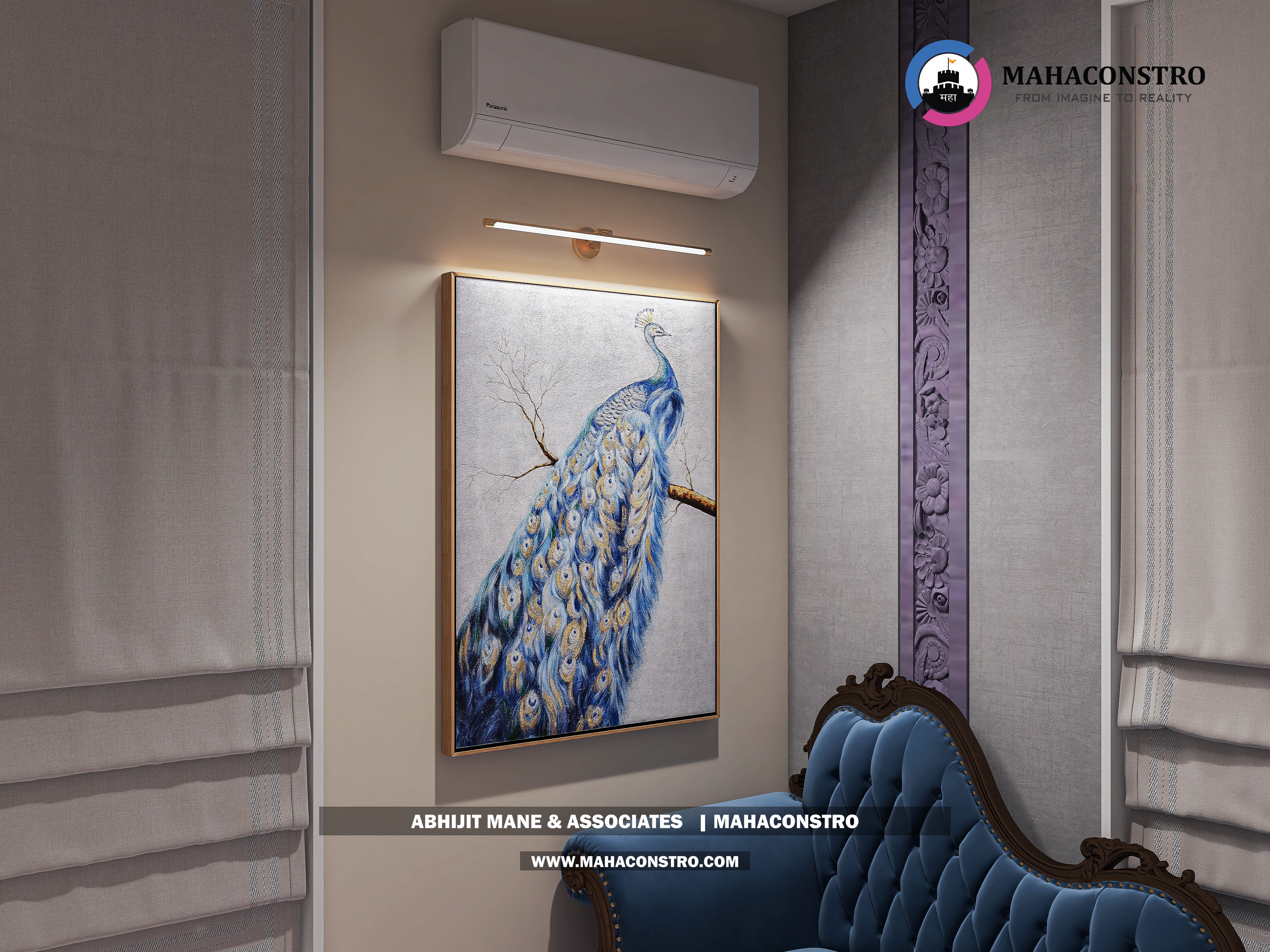 Ultra-luxury bungalow living room in Bhimanagar, Solapur, featuring a double-height space, teal sofas, and a custom television wall by Mahaconstro Architects