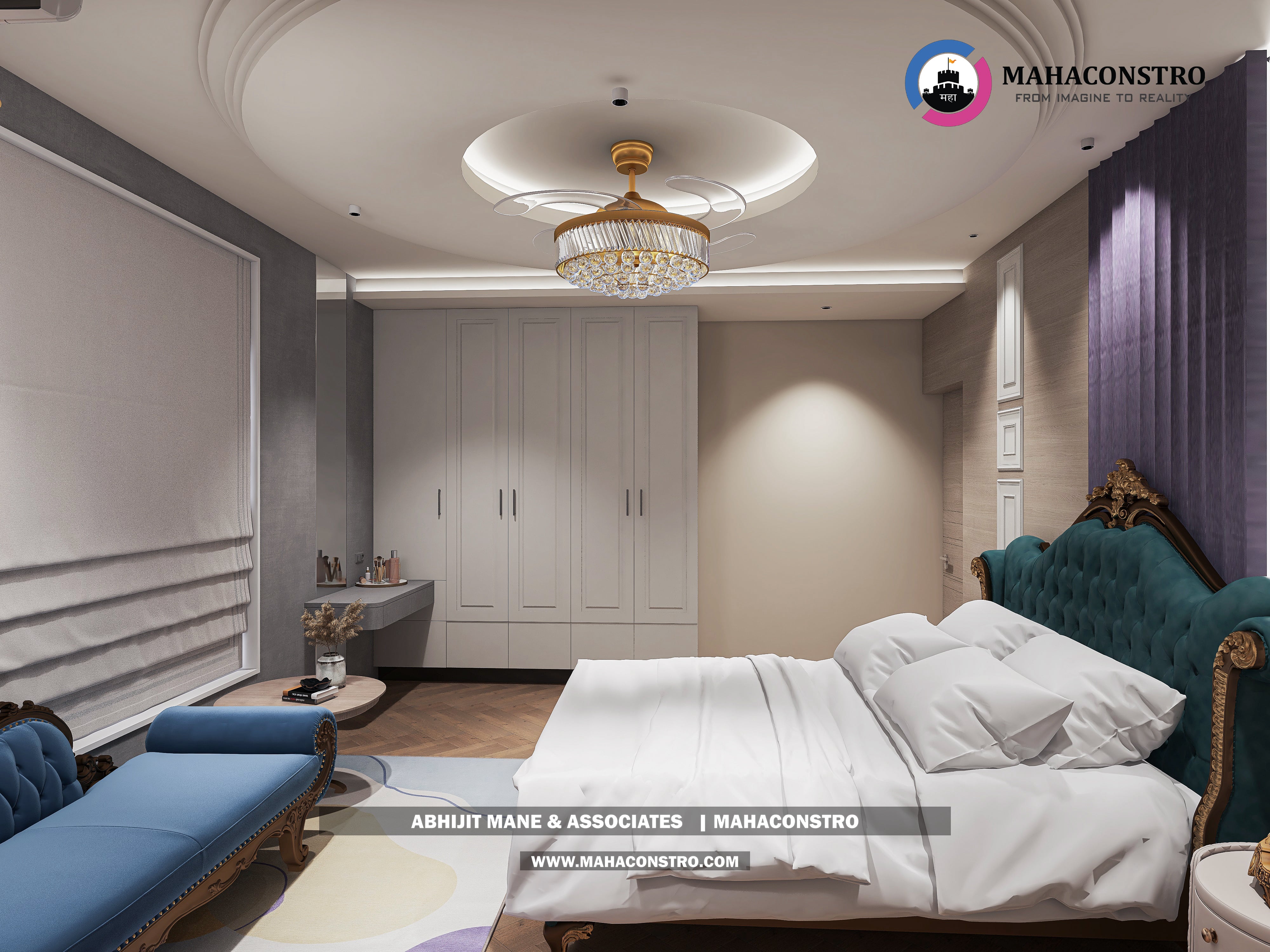 Ultra-luxury bungalow living room in Bhimanagar, Solapur, featuring a double-height space, teal sofas, and a custom television wall by Mahaconstro Architects