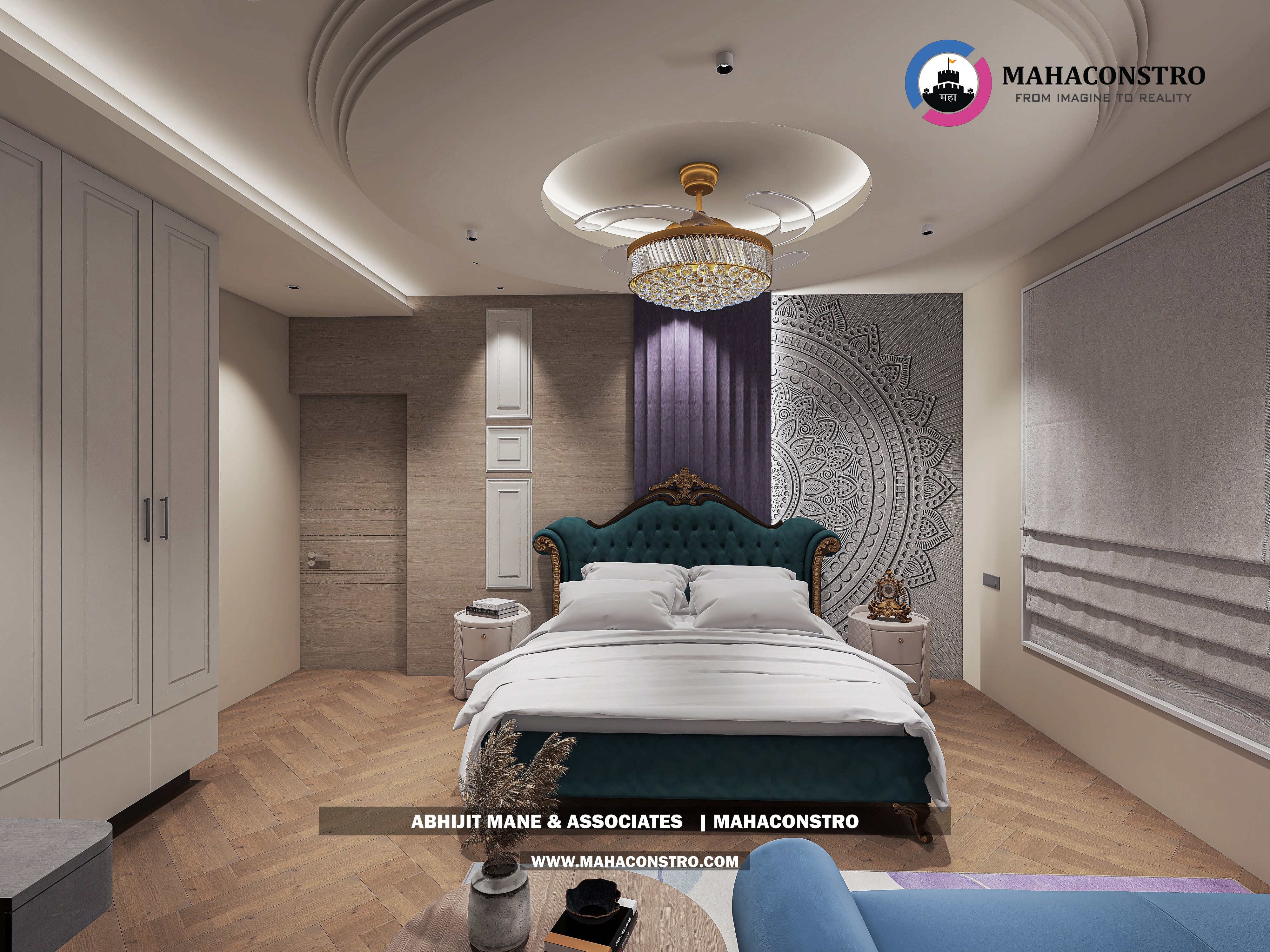 Ultra-luxury bungalow living room in Bhimanagar, Solapur, featuring a double-height space, teal sofas, and a custom television wall by Mahaconstro Architects
