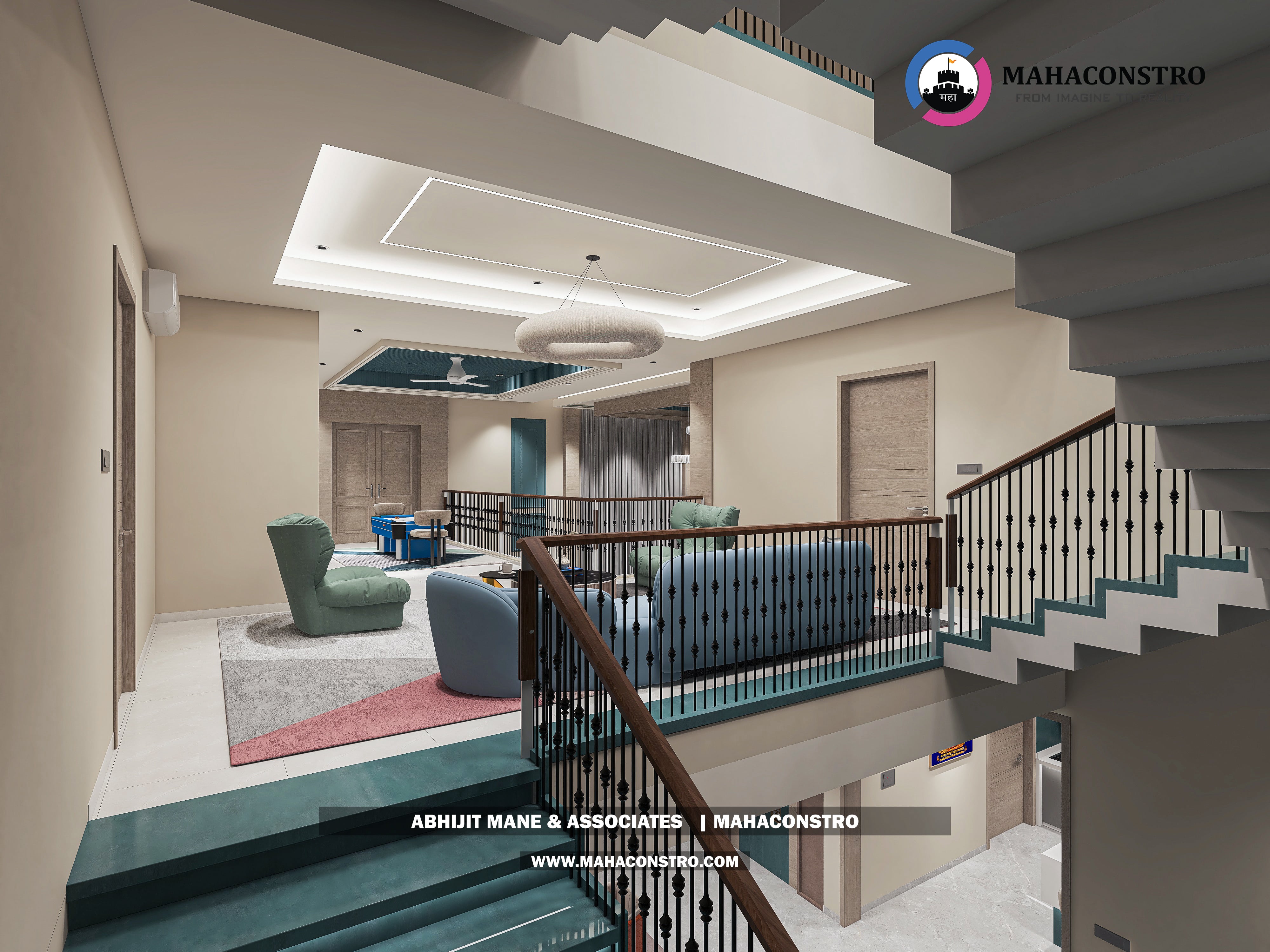 Ultra-luxury bungalow living room in Bhimanagar, Solapur, featuring a double-height space, teal sofas, and a custom television wall by Mahaconstro Architects