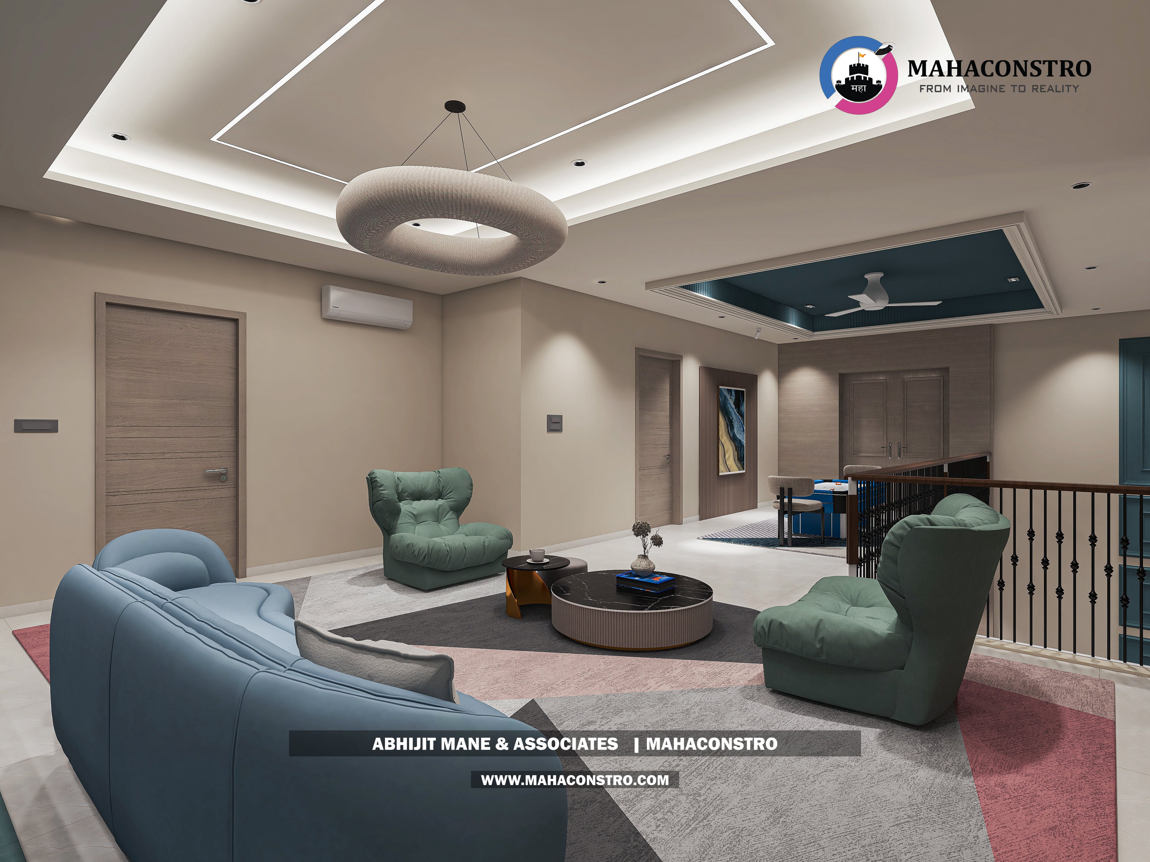 Ultra-luxury bungalow living room in Bhimanagar, Solapur, featuring a double-height space, teal sofas, and a custom television wall by Mahaconstro Architects